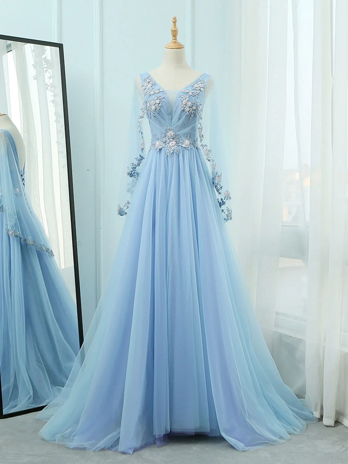 A-Line V Neck Tulle Lace Blue Long Prom Dresses Blue Formal Evening Dress