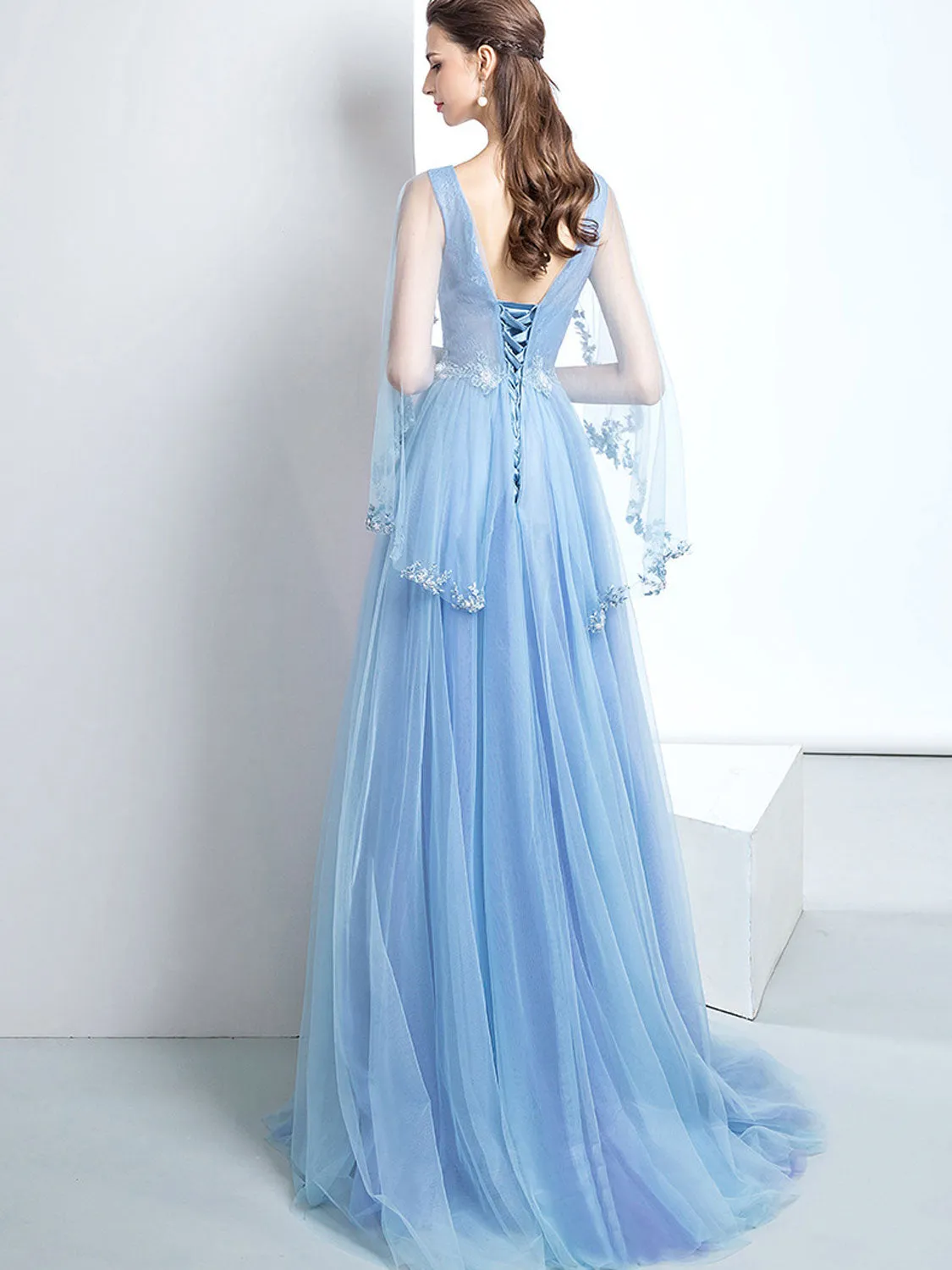 A-Line V Neck Tulle Lace Blue Long Prom Dresses Blue Formal Evening Dress