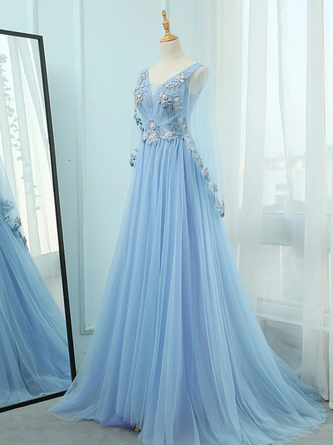 A-Line V Neck Tulle Lace Blue Long Prom Dresses Blue Formal Evening Dress