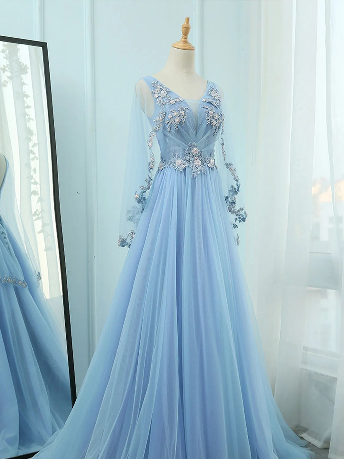 A-Line V Neck Tulle Lace Blue Long Prom Dresses Blue Formal Evening Dress