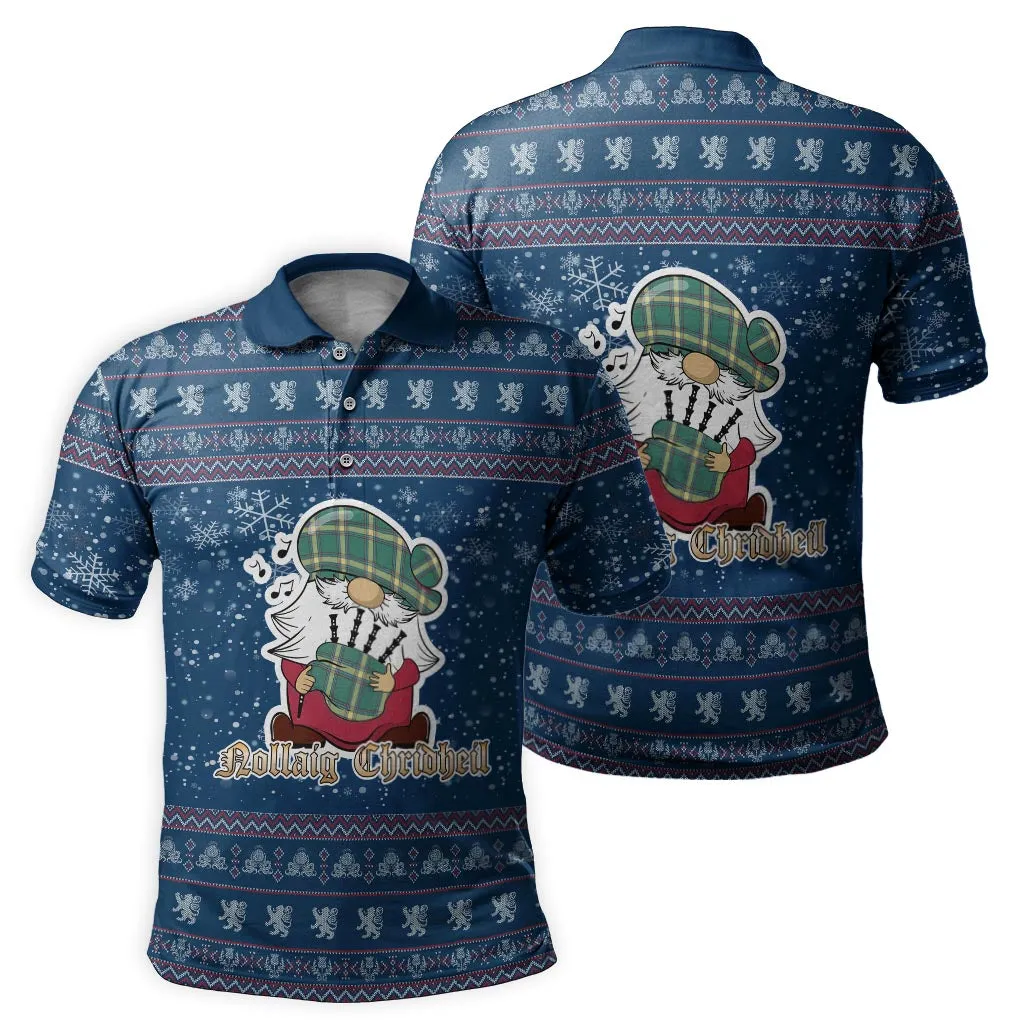 Alberta Province Canada Clan Christmas Family Polo Shirt with Funny Gnome Playing Bagpipes