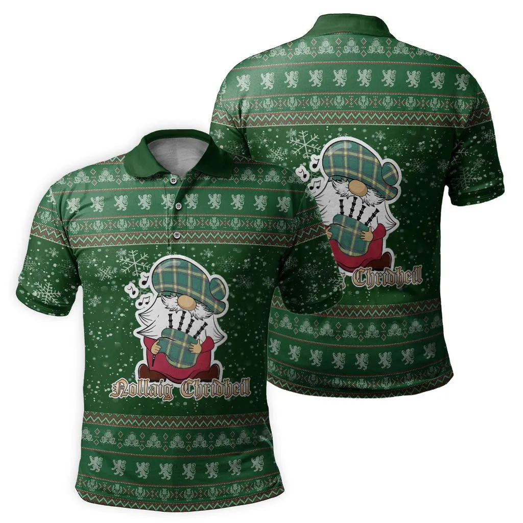 Alberta Province Canada Clan Christmas Family Polo Shirt with Funny Gnome Playing Bagpipes