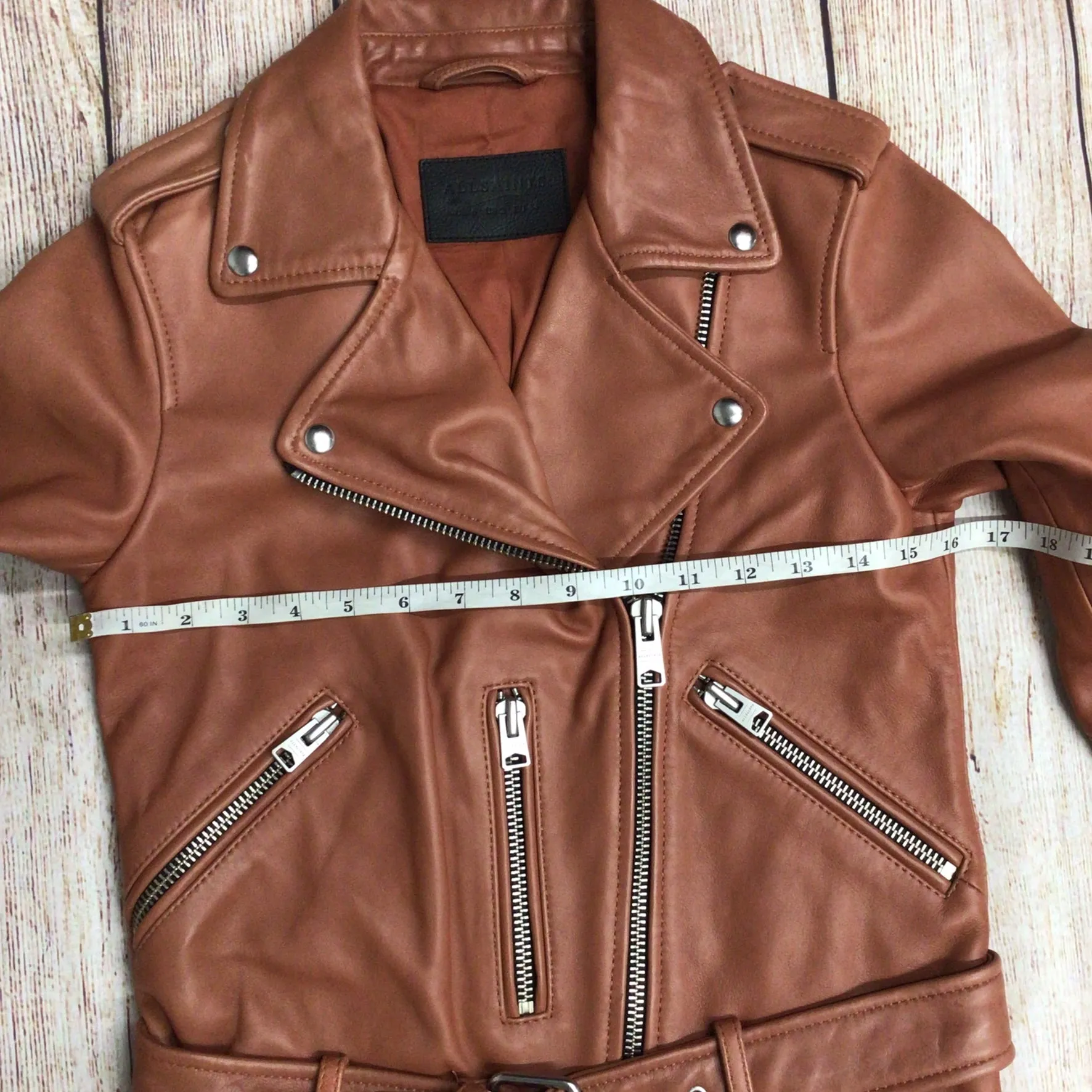 AllSaints Salmon Brown Balfern Biker Leather Jacket Size 6 UK