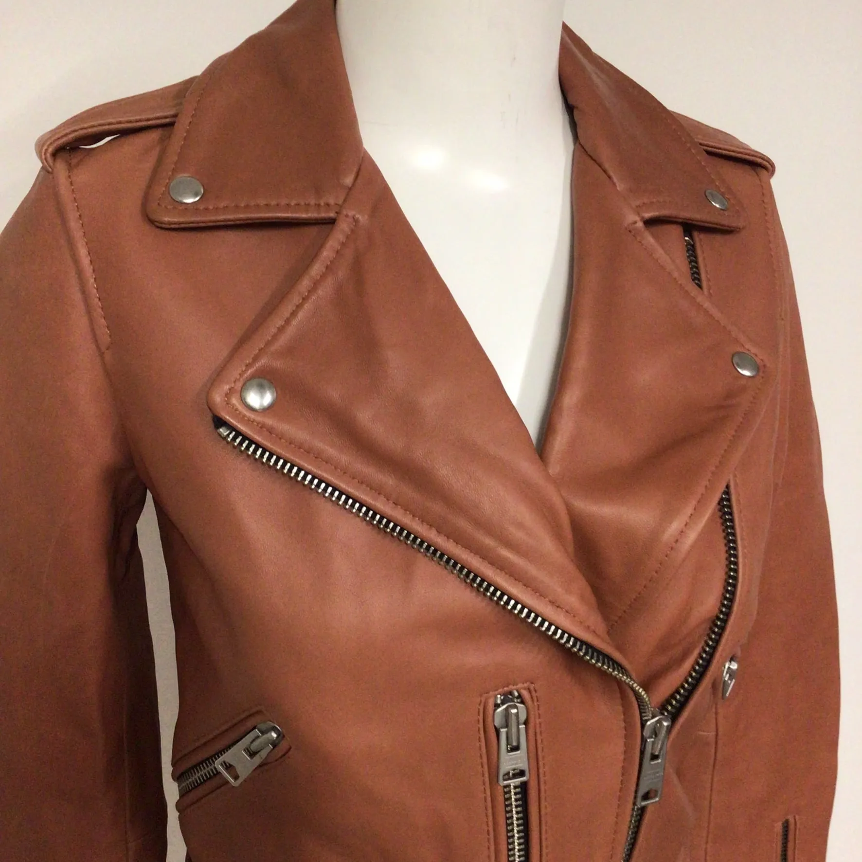 AllSaints Salmon Brown Balfern Biker Leather Jacket Size 6 UK