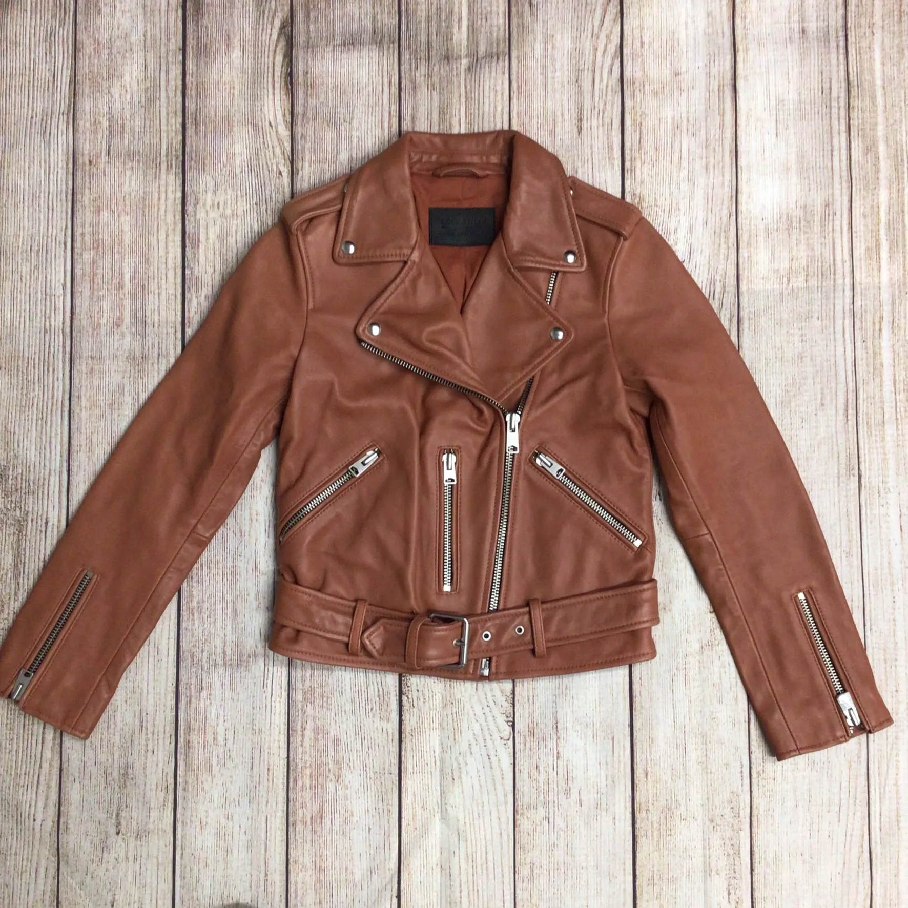 AllSaints Salmon Brown Balfern Biker Leather Jacket Size 6 UK