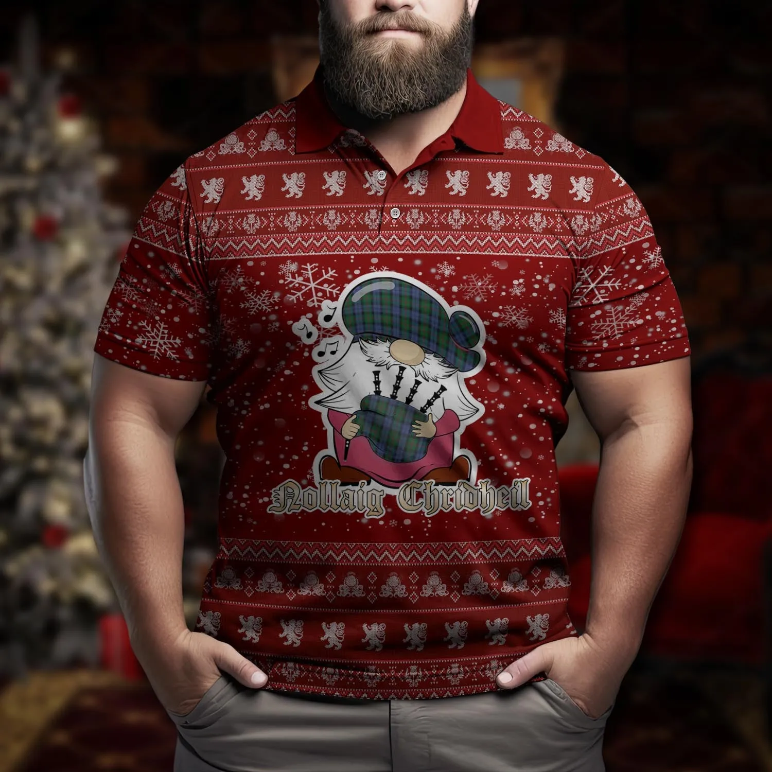 Baird Clan Christmas Family Polo Shirt with Funny Gnome Playing Bagpipes