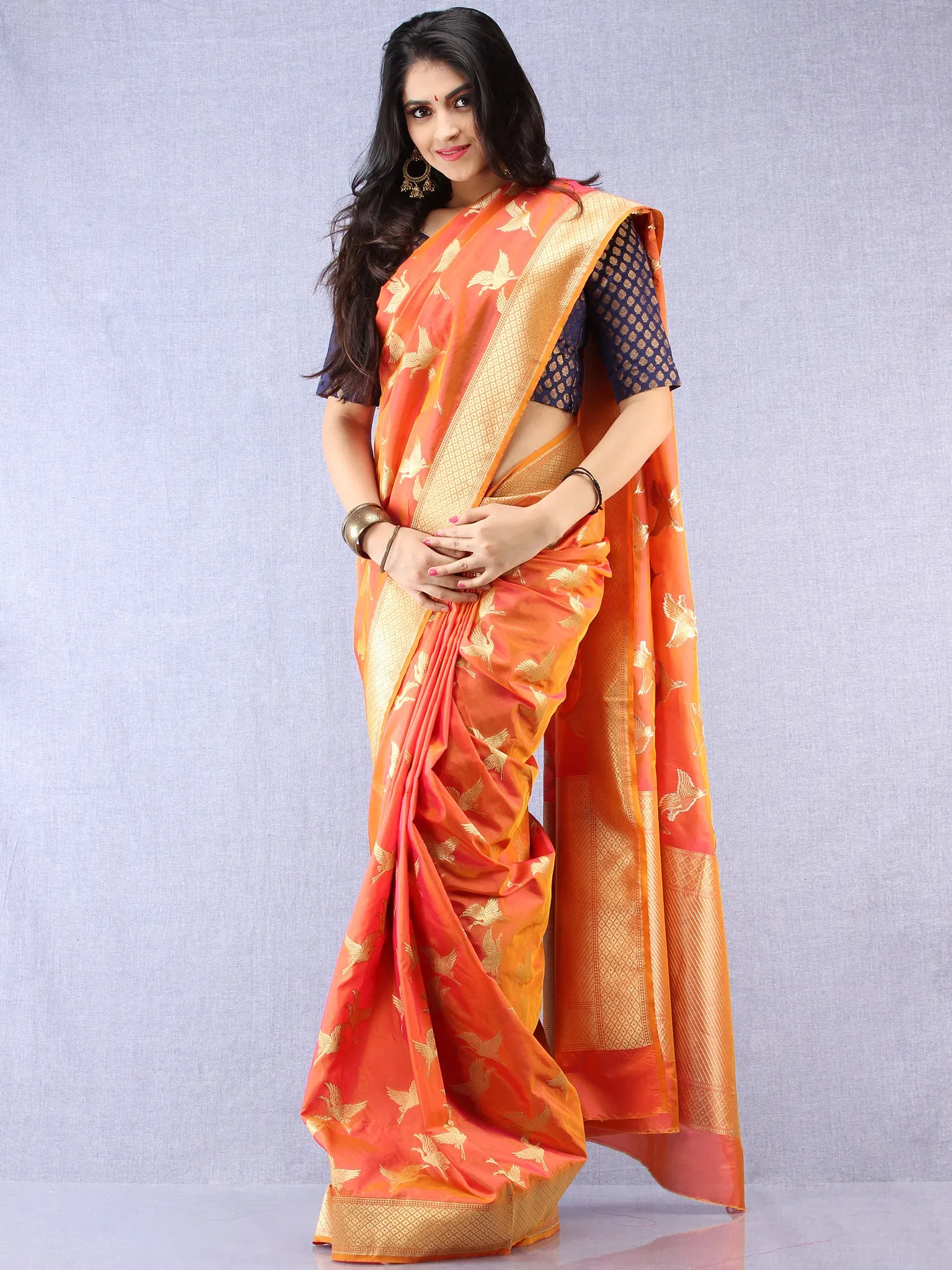 Banarasee Art Silk Saree With Bird Motif - Orange & Gold - S031704329