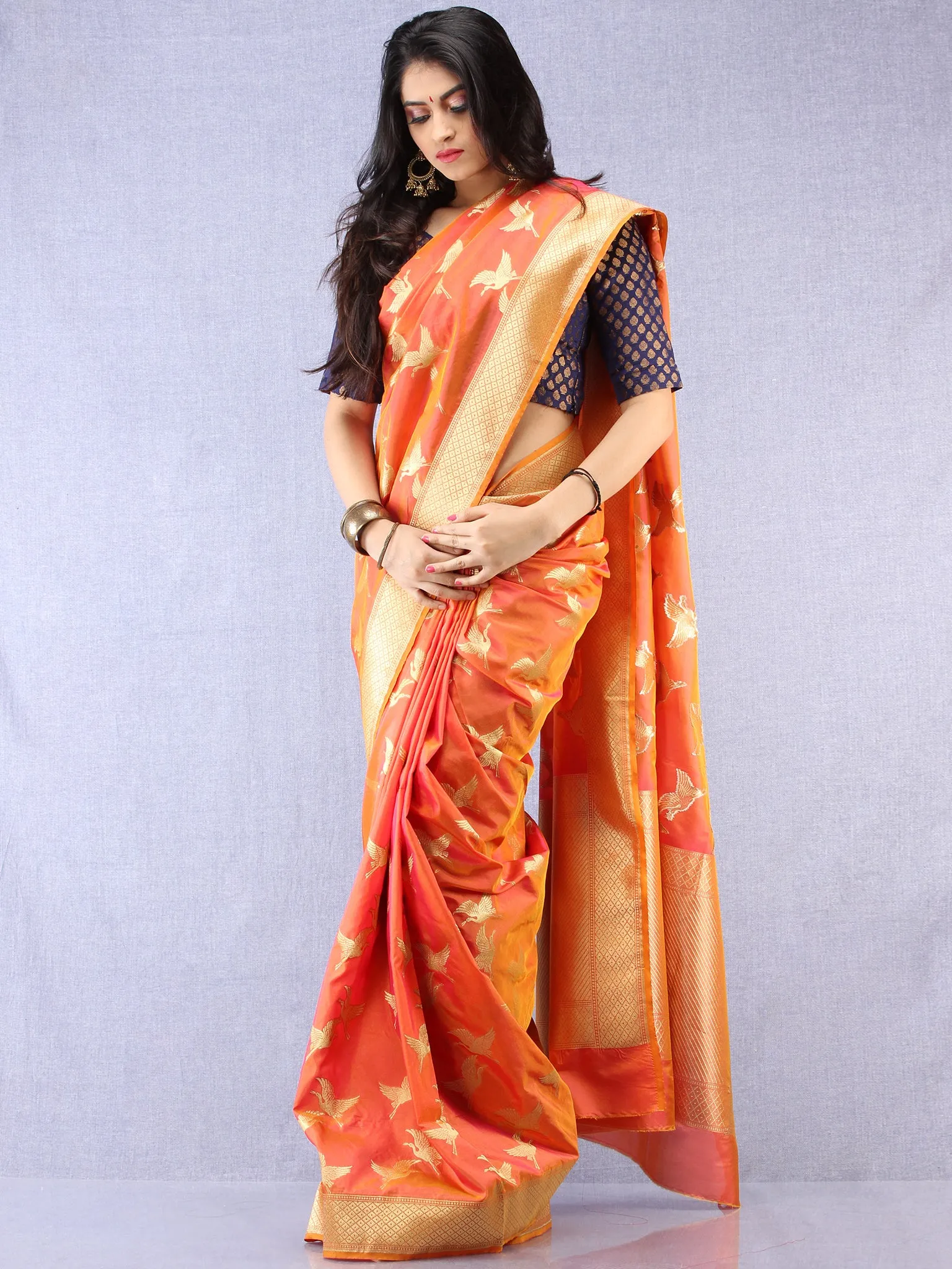 Banarasee Art Silk Saree With Bird Motif - Orange & Gold - S031704329