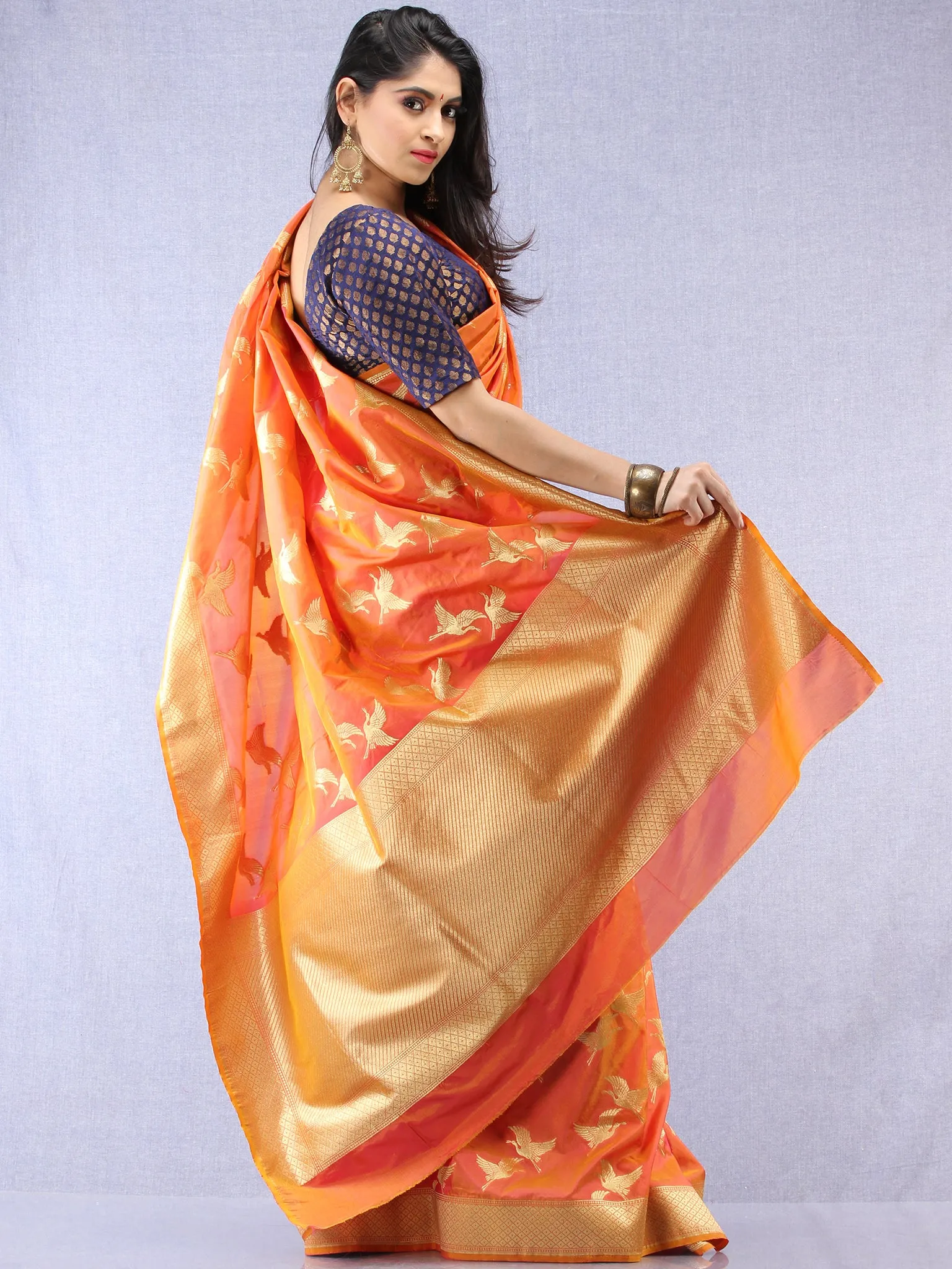 Banarasee Art Silk Saree With Bird Motif - Orange & Gold - S031704329