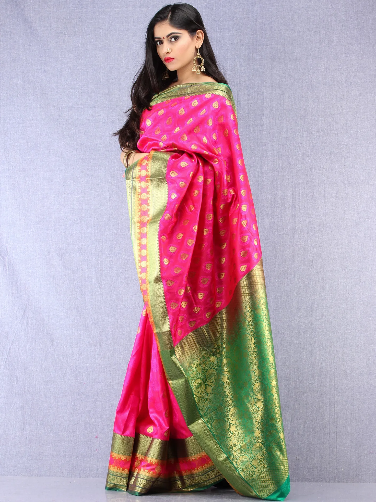 Banarasee Art Silk Saree With Resham Zari Weave - hot Pink Green & Gold - S031704391