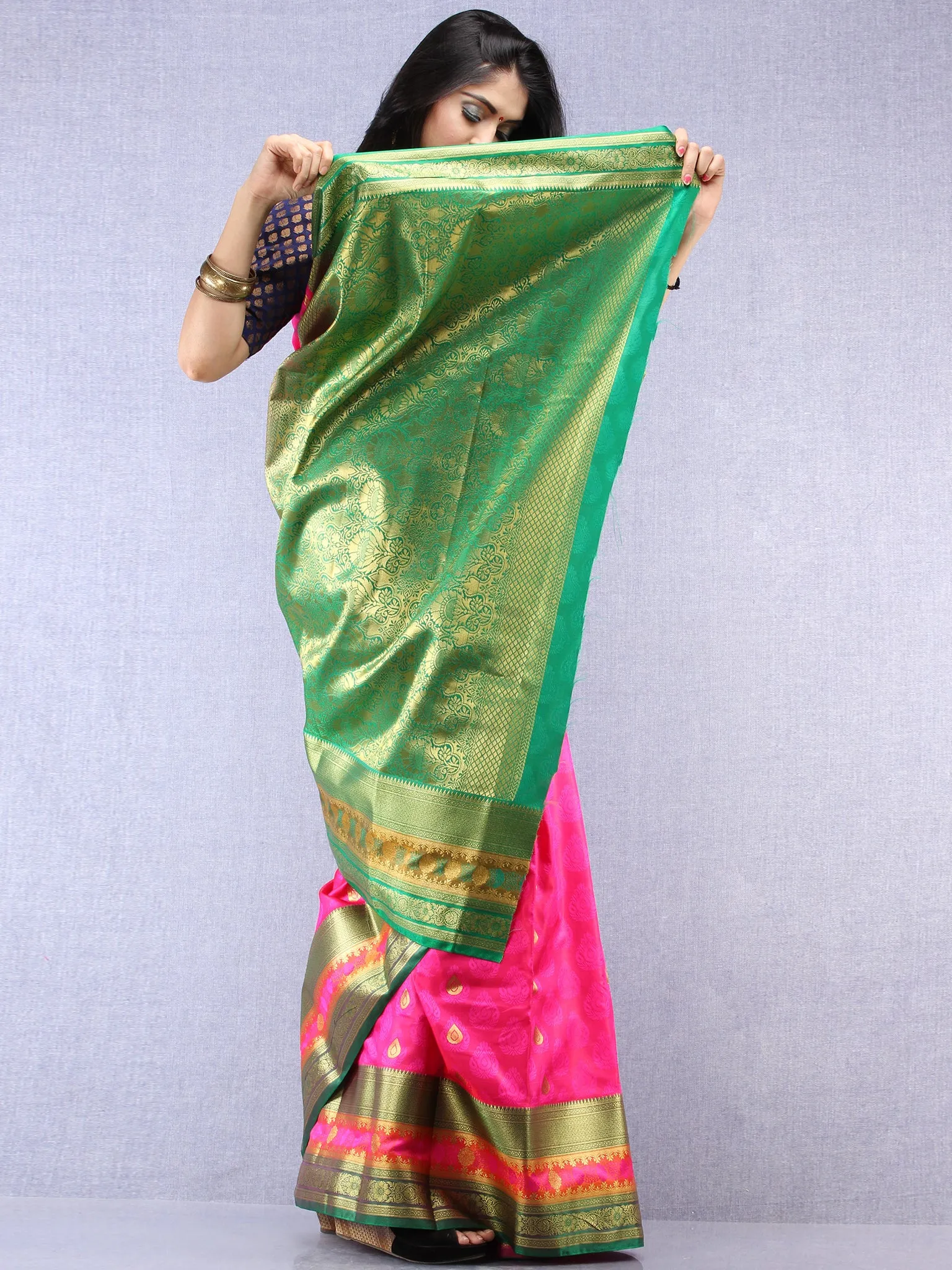 Banarasee Art Silk Saree With Resham Zari Weave - hot Pink Green & Gold - S031704391