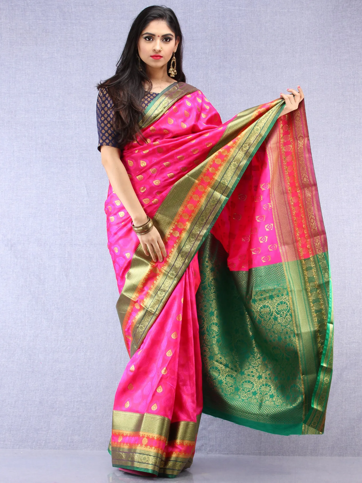 Banarasee Art Silk Saree With Resham Zari Weave - hot Pink Green & Gold - S031704391