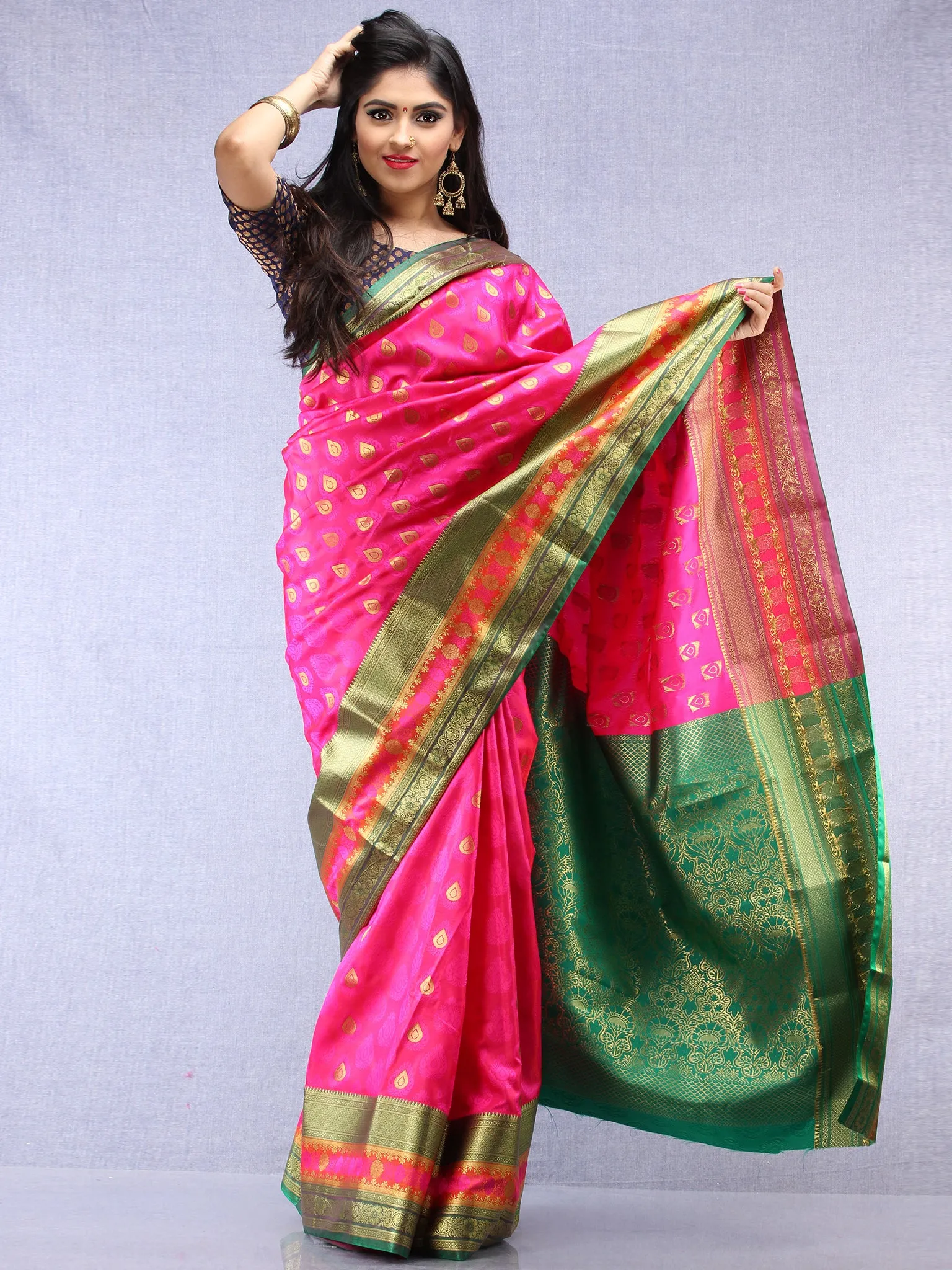 Banarasee Art Silk Saree With Resham Zari Weave - hot Pink Green & Gold - S031704391