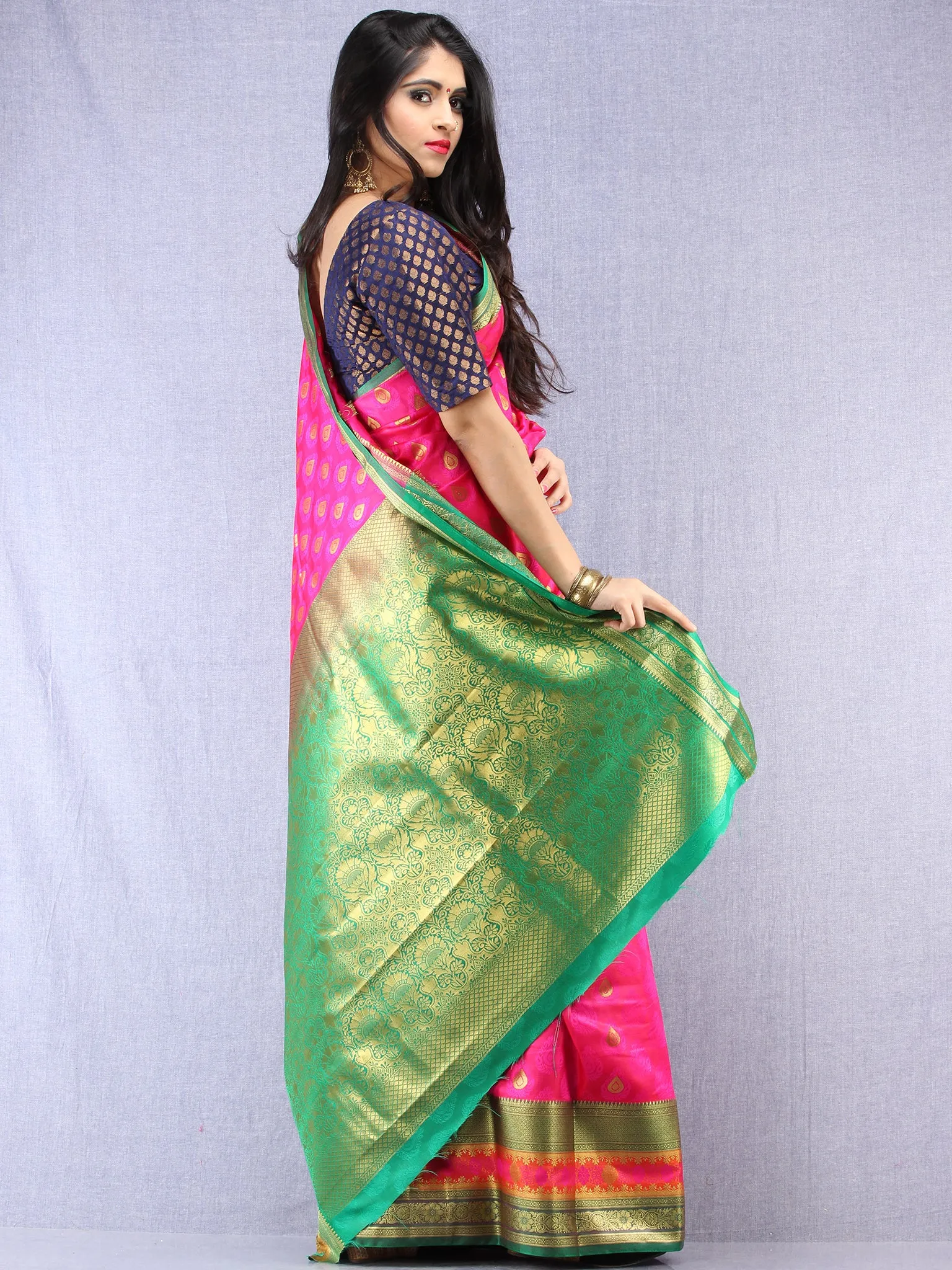 Banarasee Art Silk Saree With Resham Zari Weave - hot Pink Green & Gold - S031704391