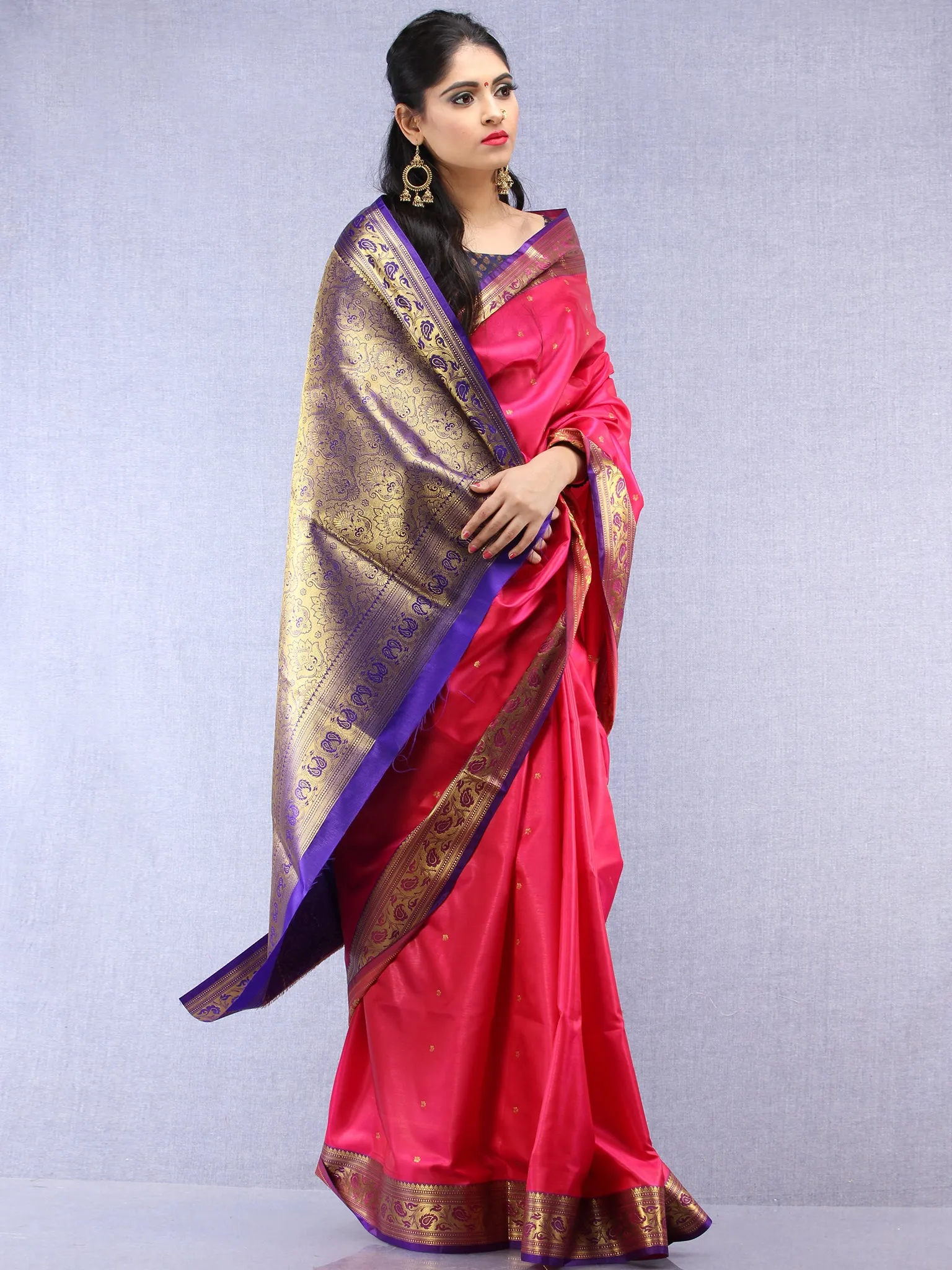 Banarasee Art Silk Self Weave Saree With Zari Work - Magenta Purple & Gold - S031704425