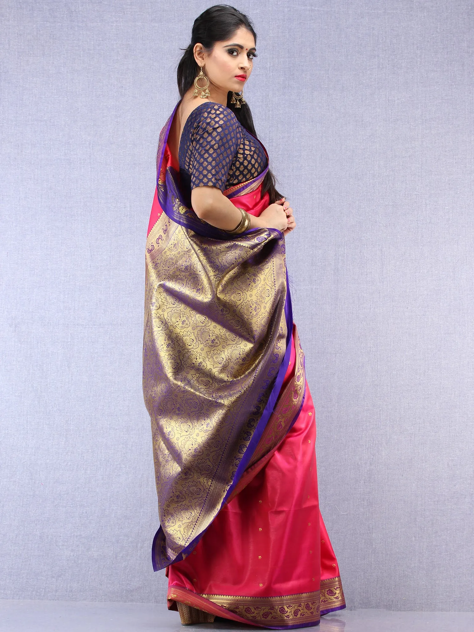 Banarasee Art Silk Self Weave Saree With Zari Work - Magenta Purple & Gold - S031704425