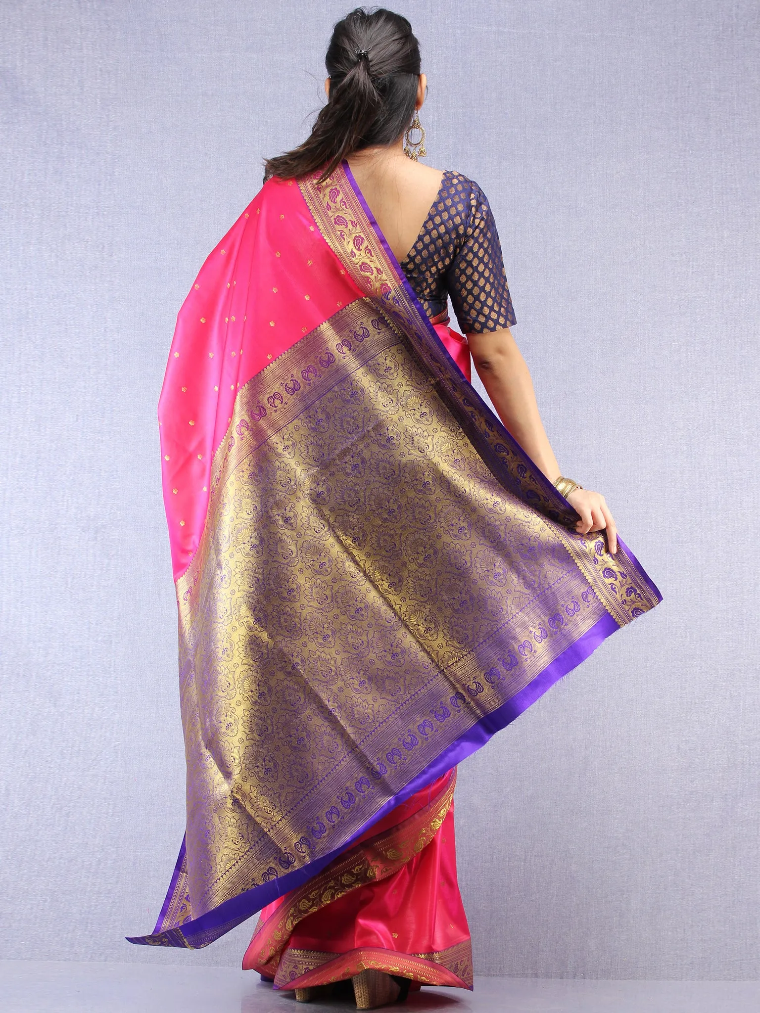 Banarasee Art Silk Self Weave Saree With Zari Work - Magenta Purple & Gold - S031704425