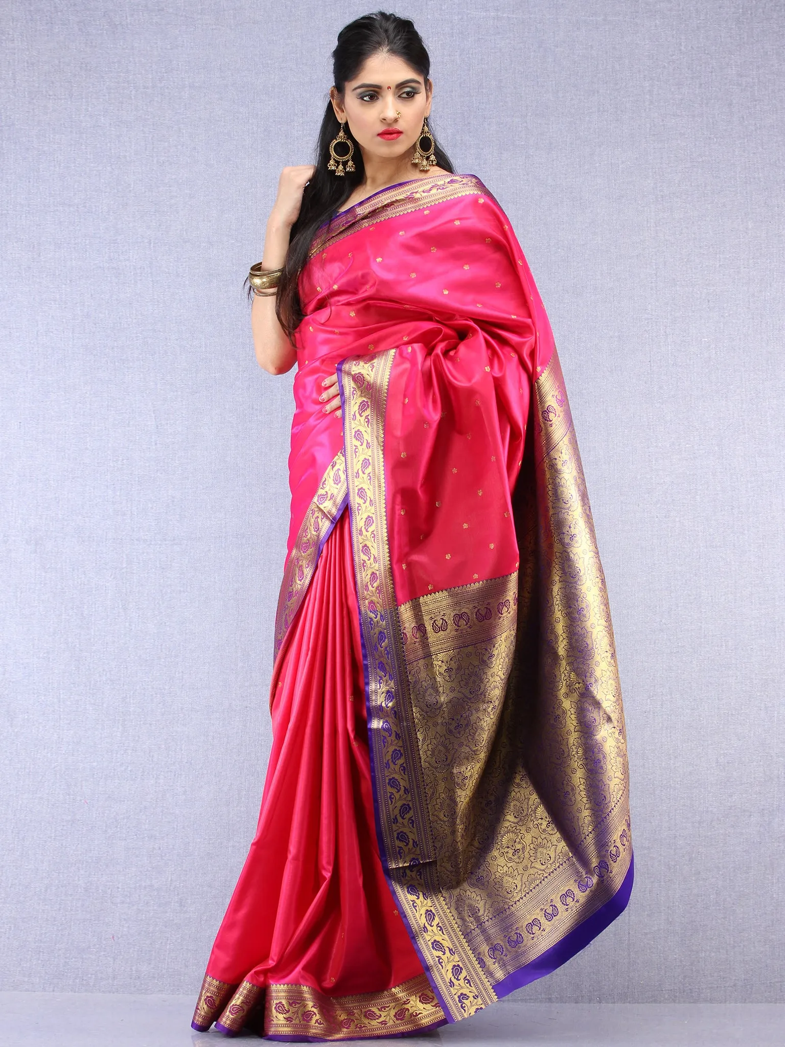 Banarasee Art Silk Self Weave Saree With Zari Work - Magenta Purple & Gold - S031704425