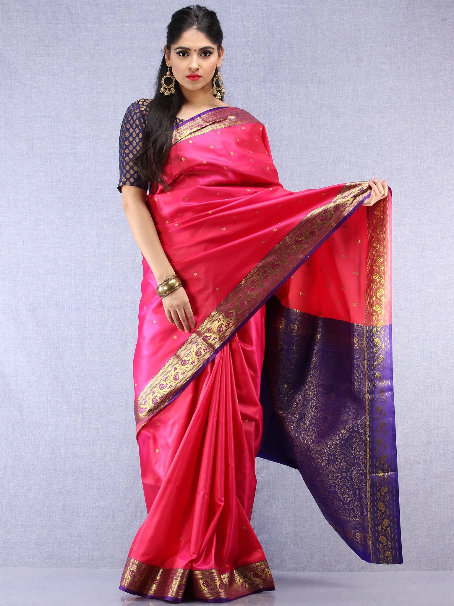 Banarasee Art Silk Self Weave Saree With Zari Work - Magenta Purple & Gold - S031704425