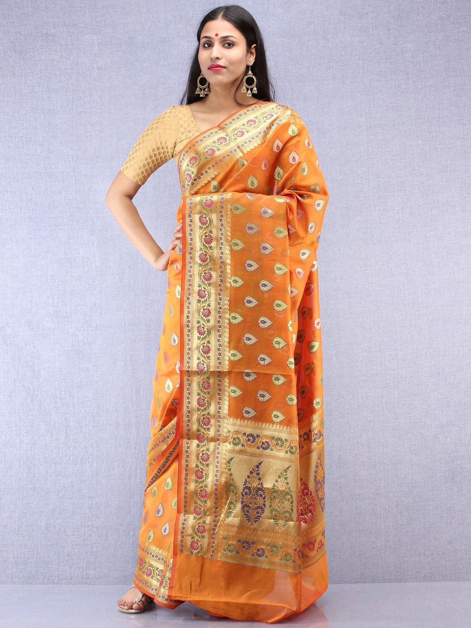 Banarasee Chanderi Saree With Meenakari Work - Orange & Gold - S031704423