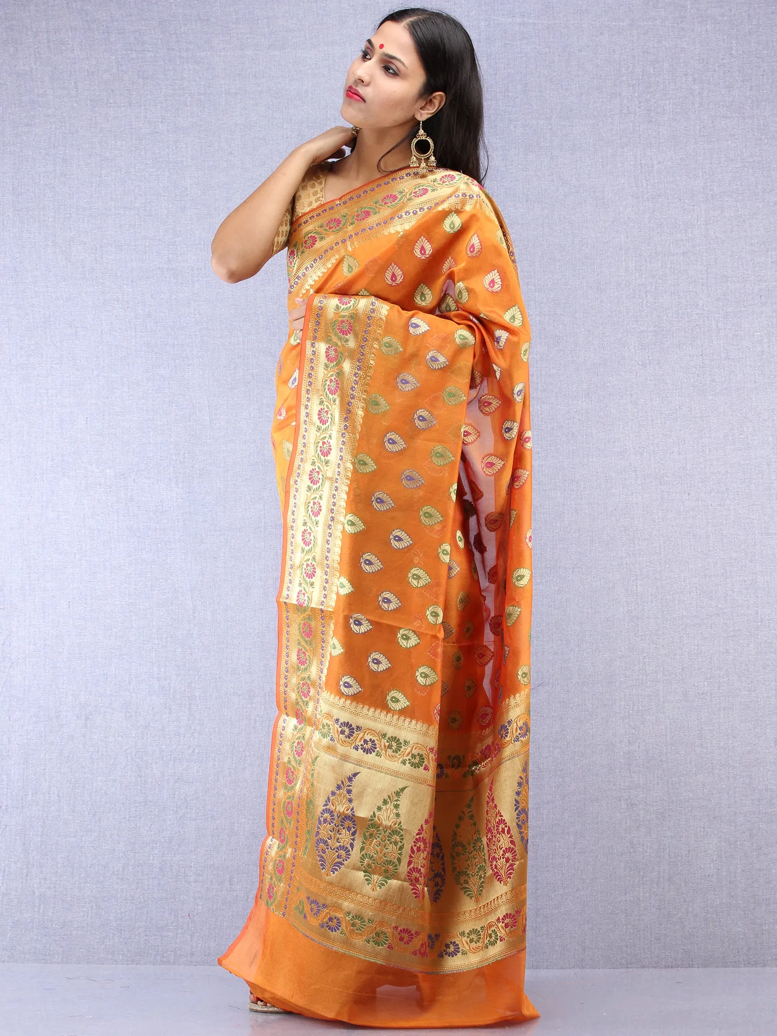 Banarasee Chanderi Saree With Meenakari Work - Orange & Gold - S031704423