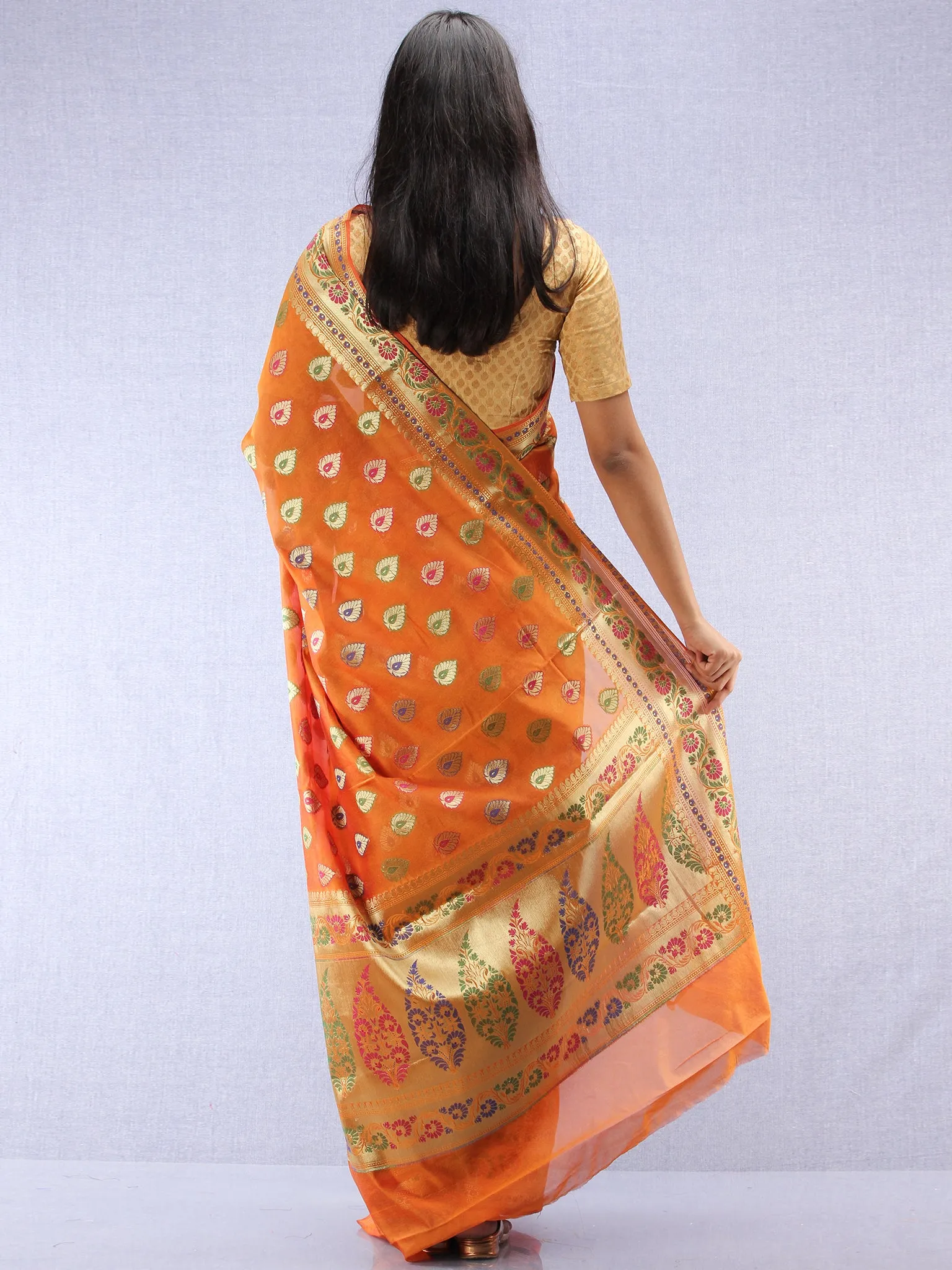 Banarasee Chanderi Saree With Meenakari Work - Orange & Gold - S031704423