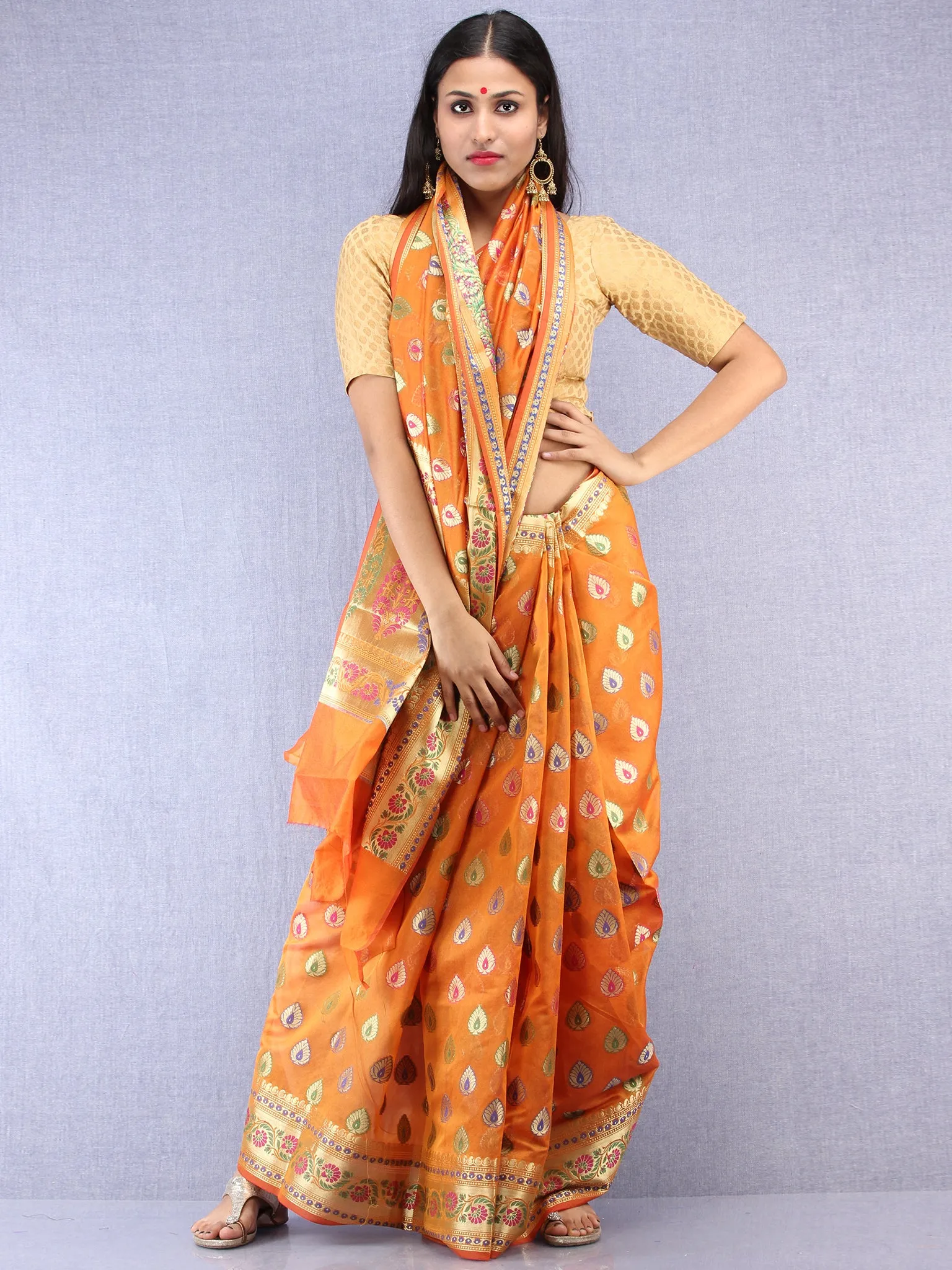 Banarasee Chanderi Saree With Meenakari Work - Orange & Gold - S031704423