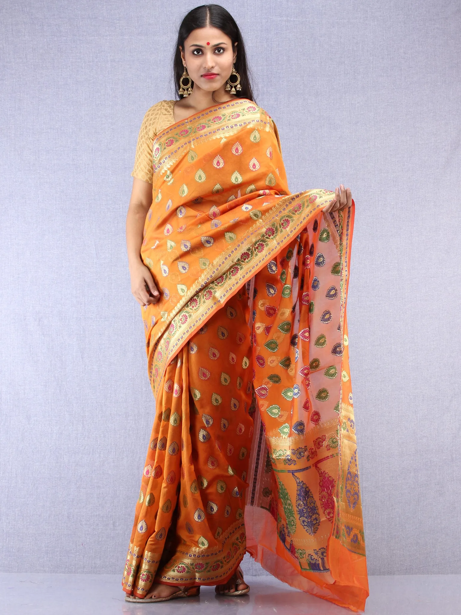 Banarasee Chanderi Saree With Meenakari Work - Orange & Gold - S031704423