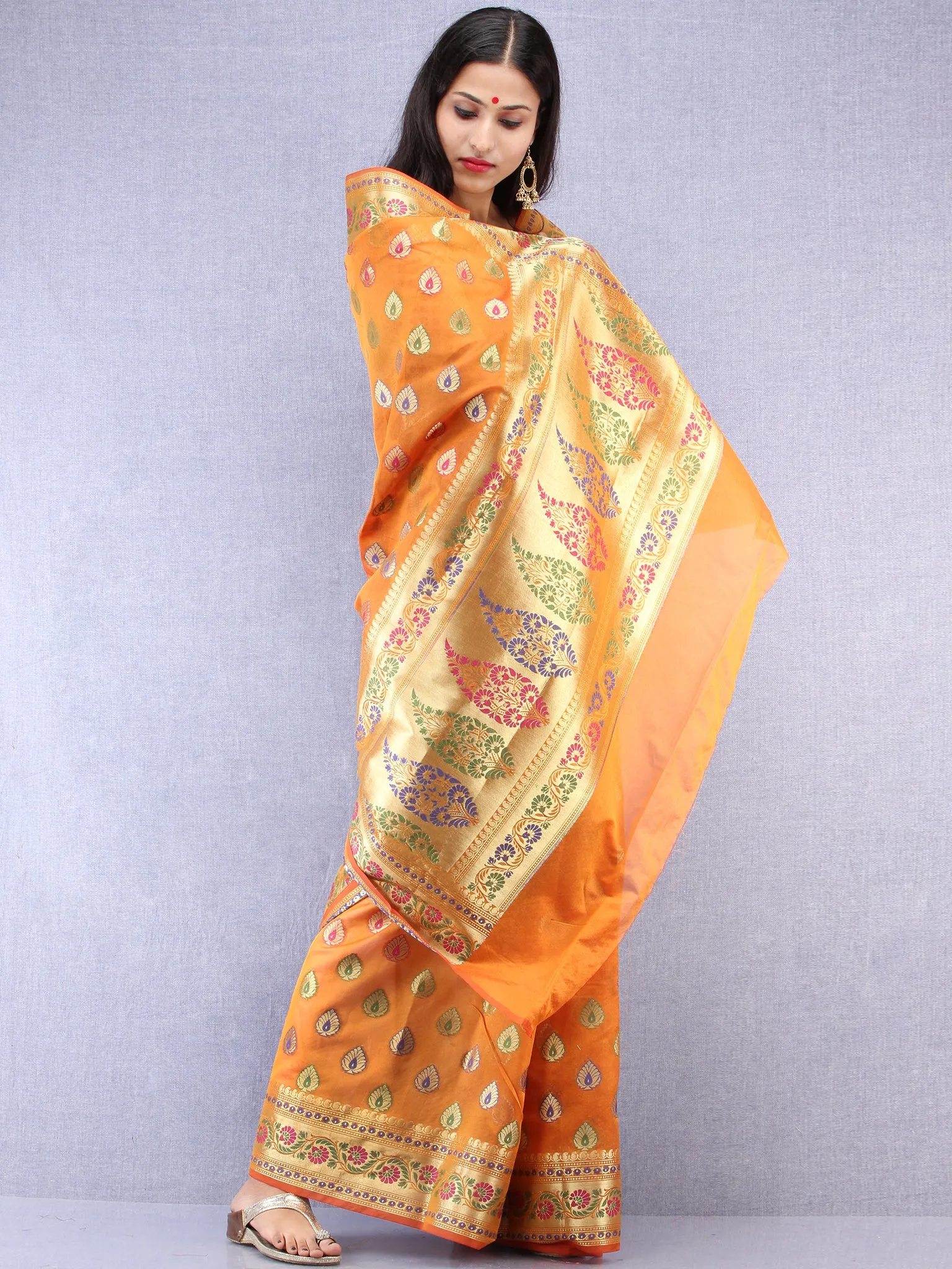 Banarasee Chanderi Saree With Meenakari Work - Orange & Gold - S031704423