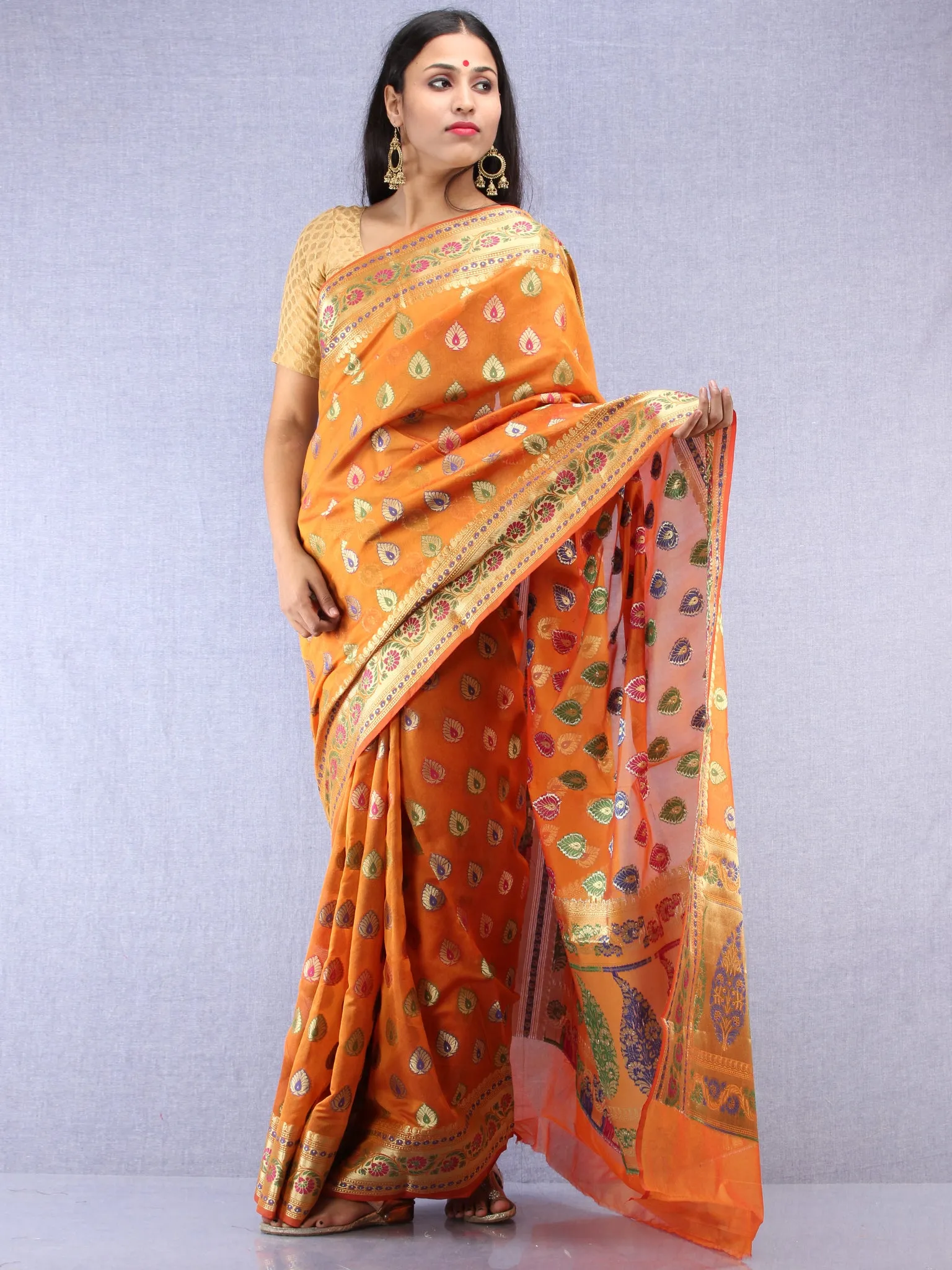 Banarasee Chanderi Saree With Meenakari Work - Orange & Gold - S031704423