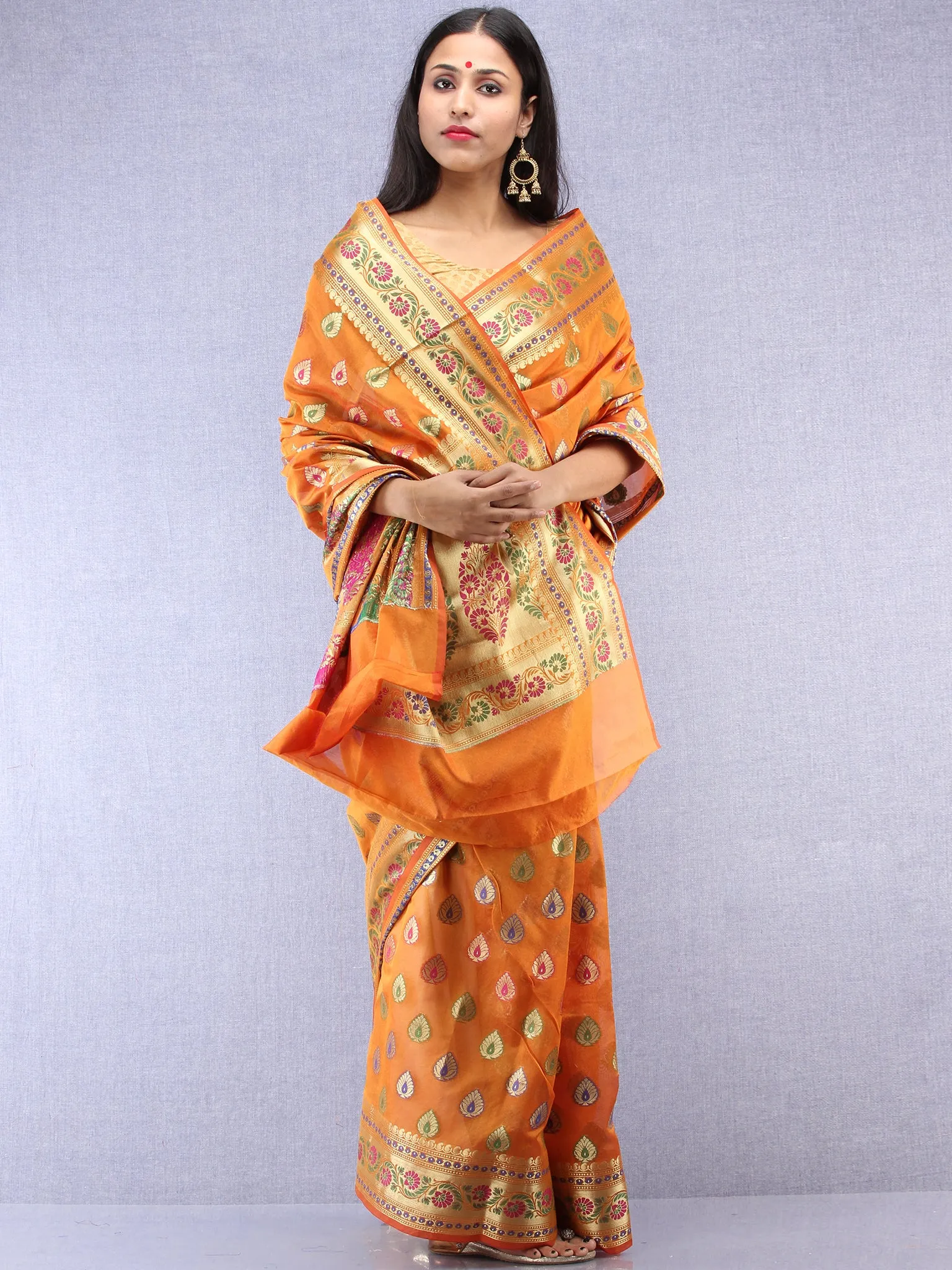 Banarasee Chanderi Saree With Meenakari Work - Orange & Gold - S031704423