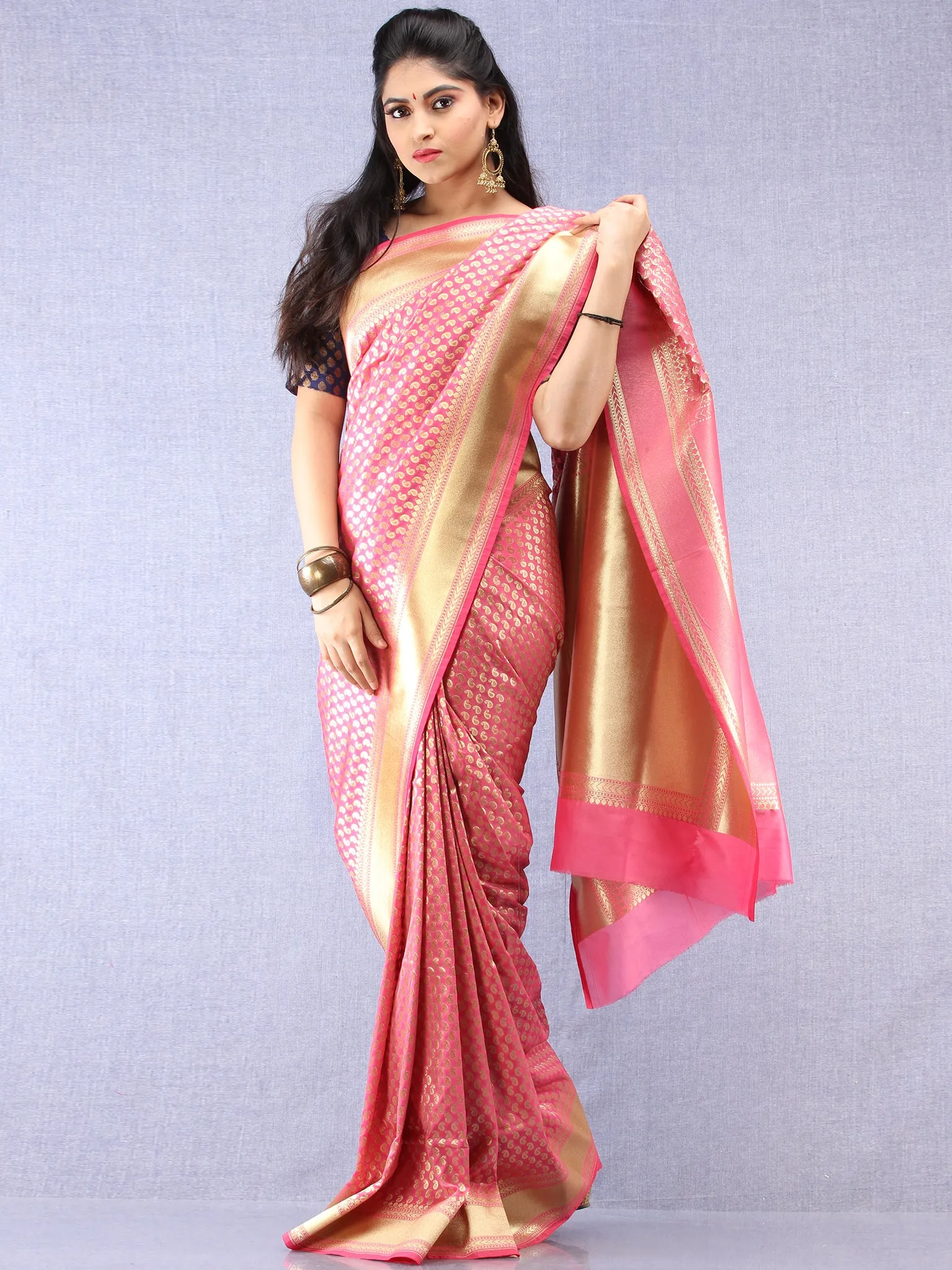 Banarasee Chanderi Silk Paisley Saree With Zari Border - Pink & Gold - S031704334