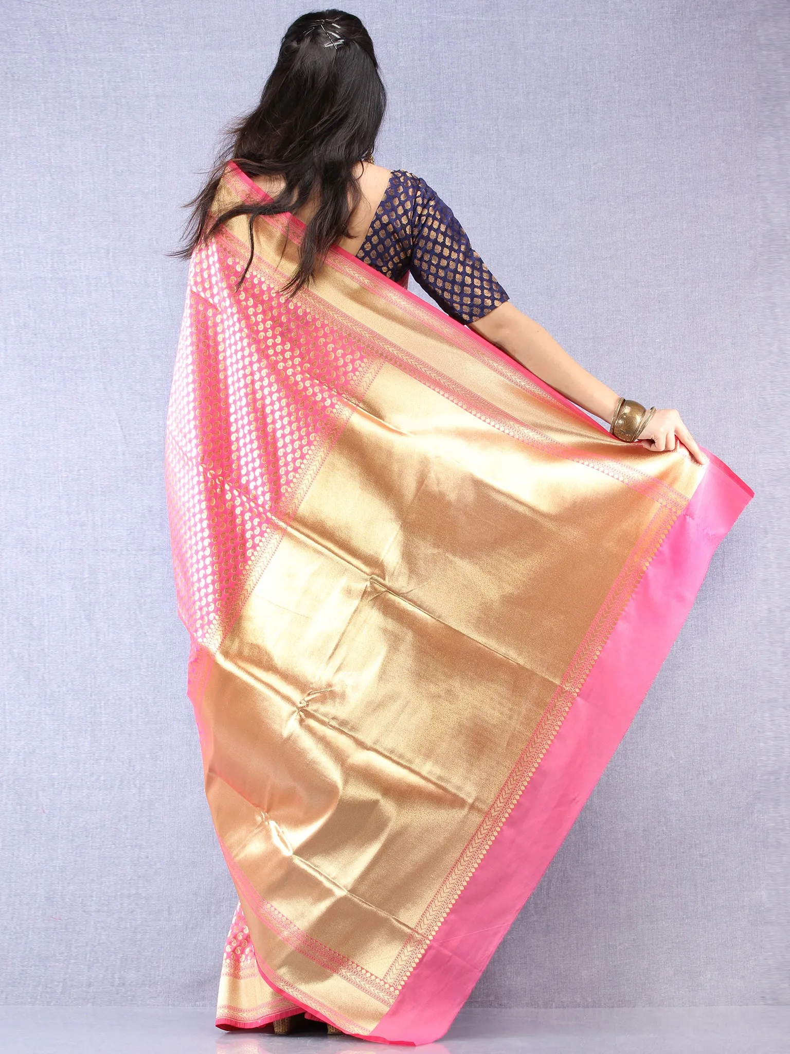 Banarasee Chanderi Silk Paisley Saree With Zari Border - Pink & Gold - S031704334