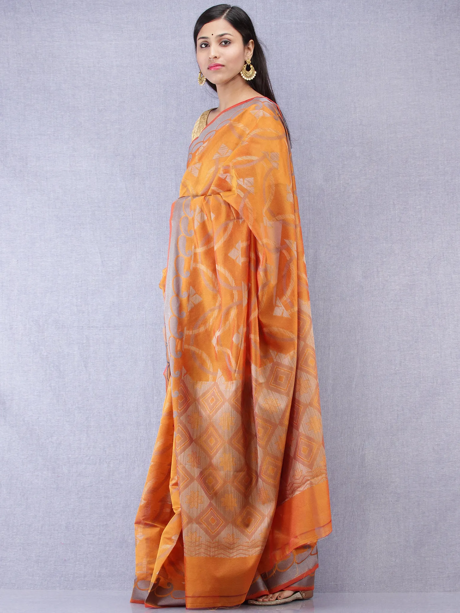 Banarasee Chanderi Silk Saree With Resham Work - Ginger Orange & Grey  - S031704317