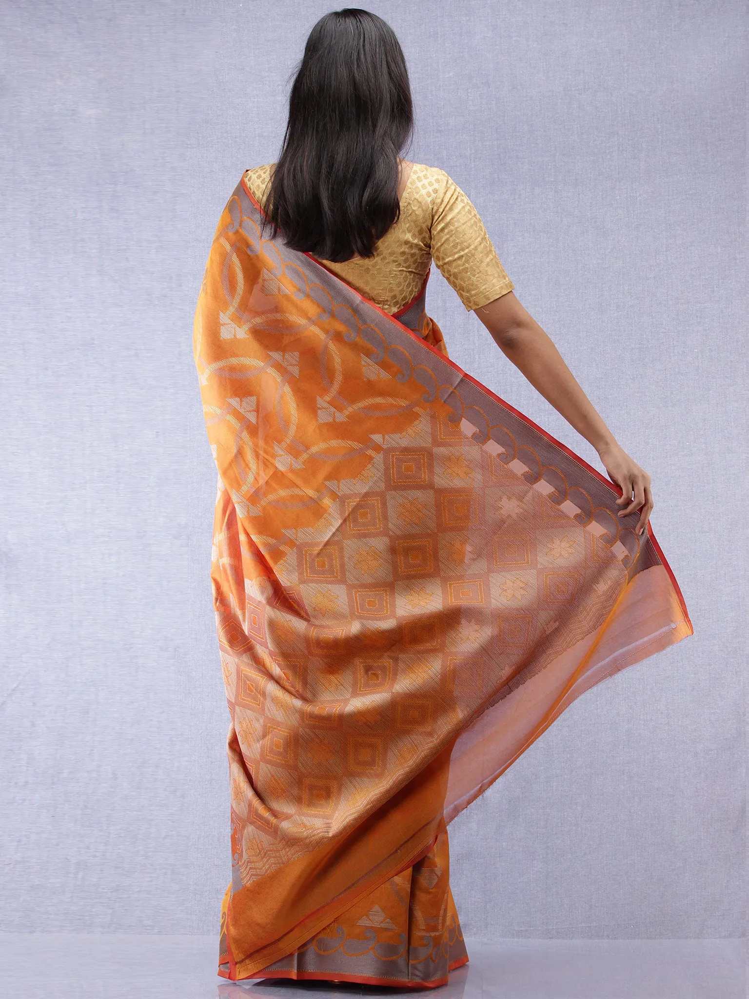 Banarasee Chanderi Silk Saree With Resham Work - Ginger Orange & Grey  - S031704317