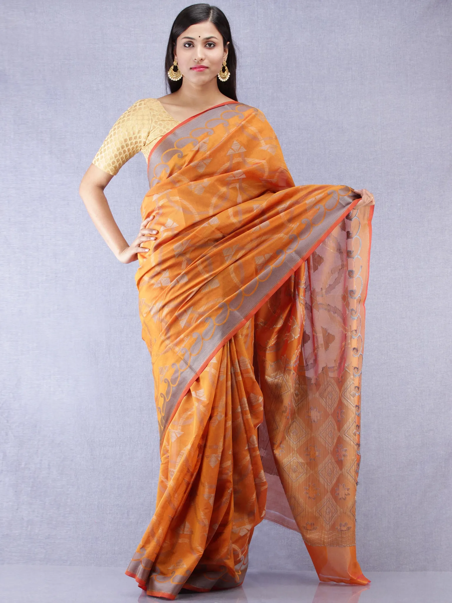 Banarasee Chanderi Silk Saree With Resham Work - Ginger Orange & Grey  - S031704317