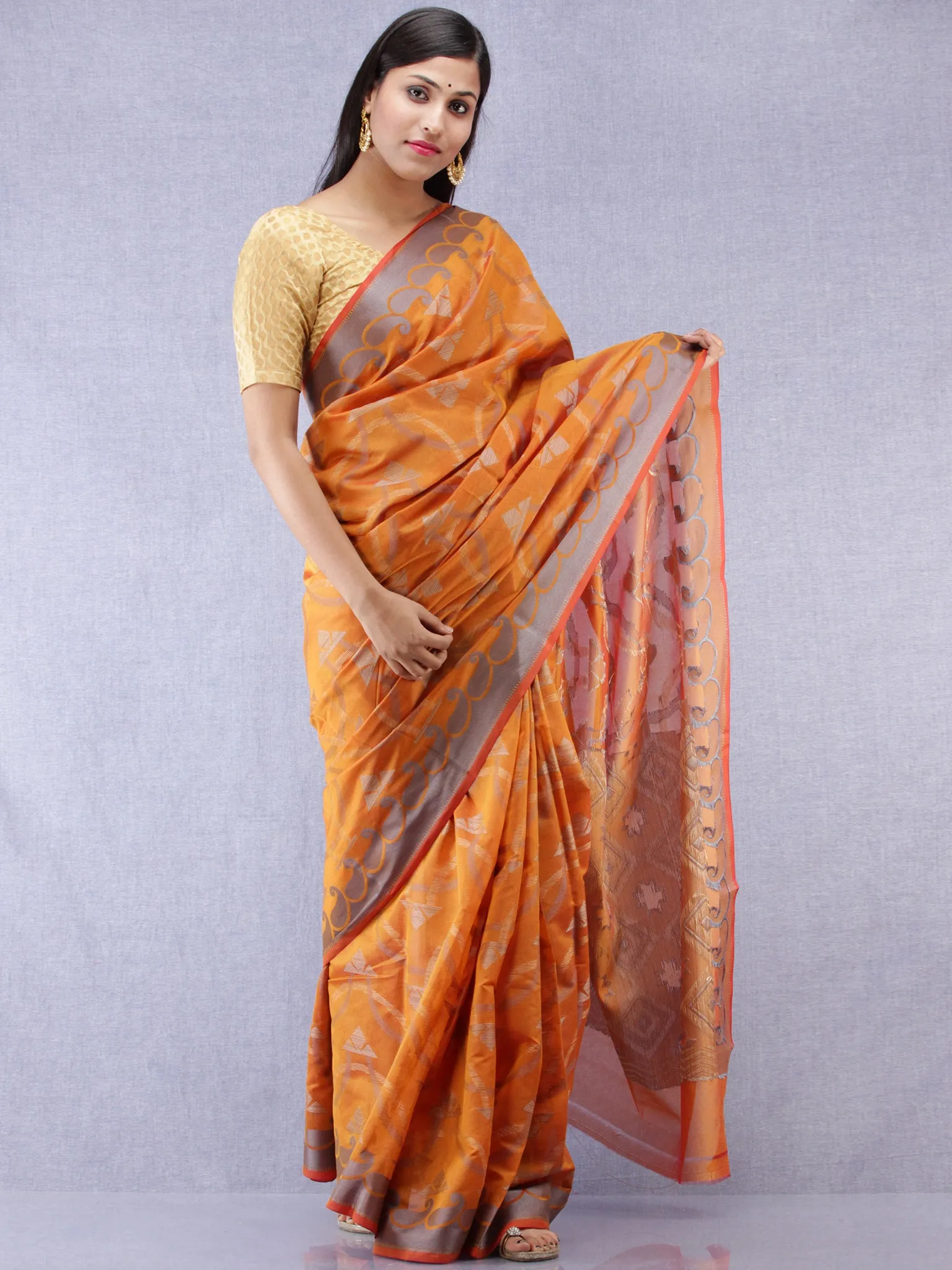 Banarasee Chanderi Silk Saree With Resham Work - Ginger Orange & Grey  - S031704317