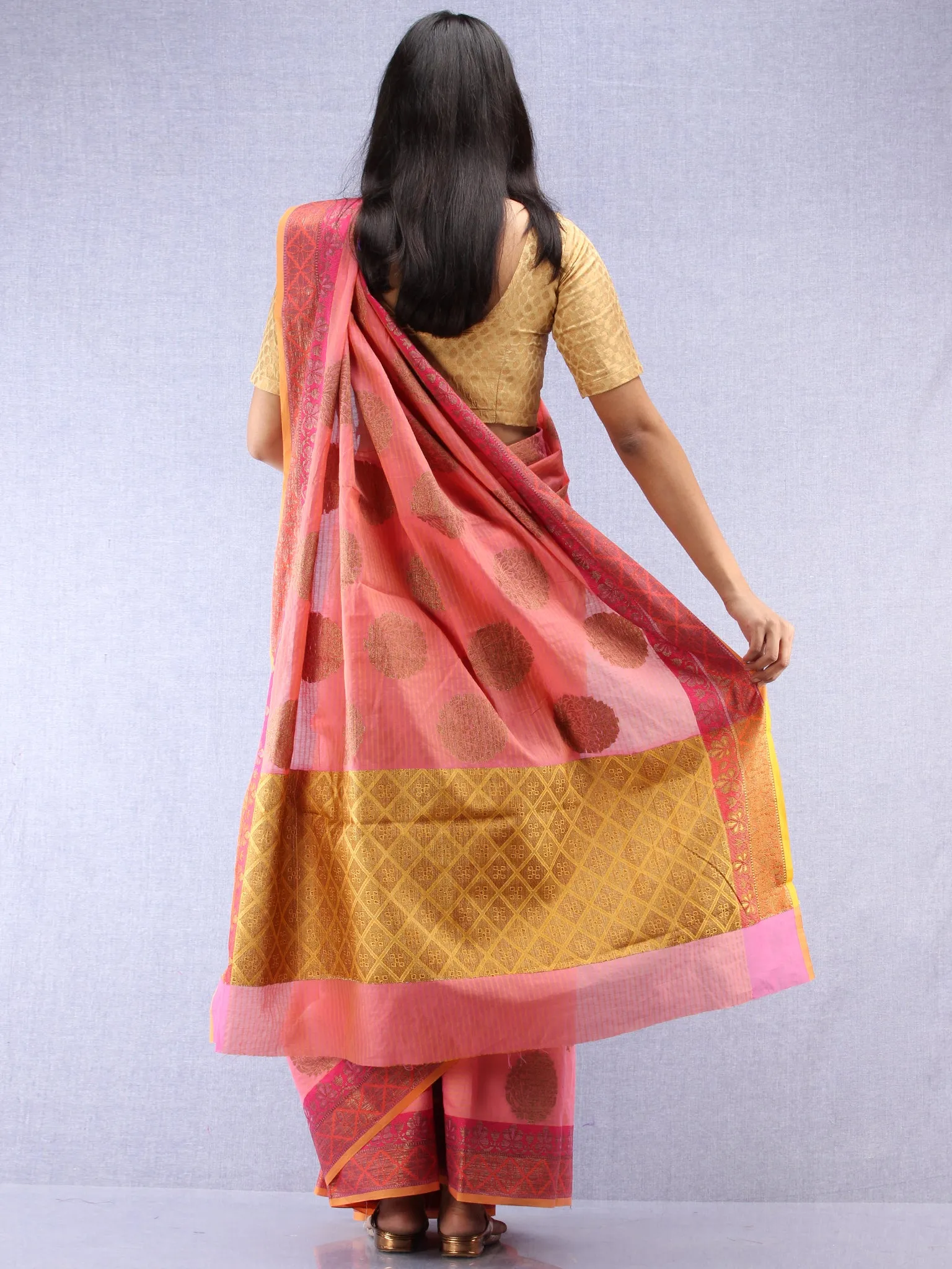 Banarasee Cotton Silk Saree With Zari Work - Pink Yellow & Gold - S031704421