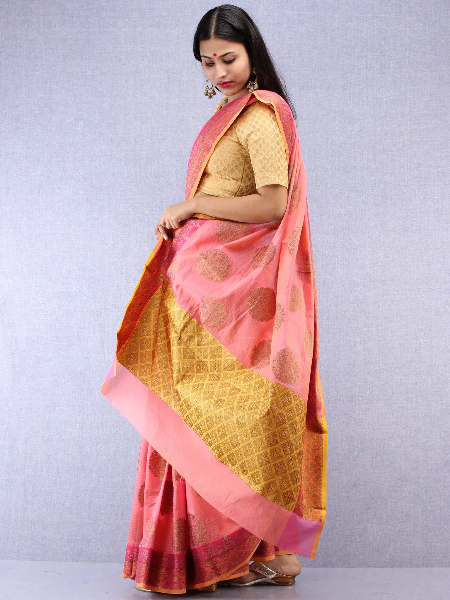 Banarasee Cotton Silk Saree With Zari Work - Pink Yellow & Gold - S031704421