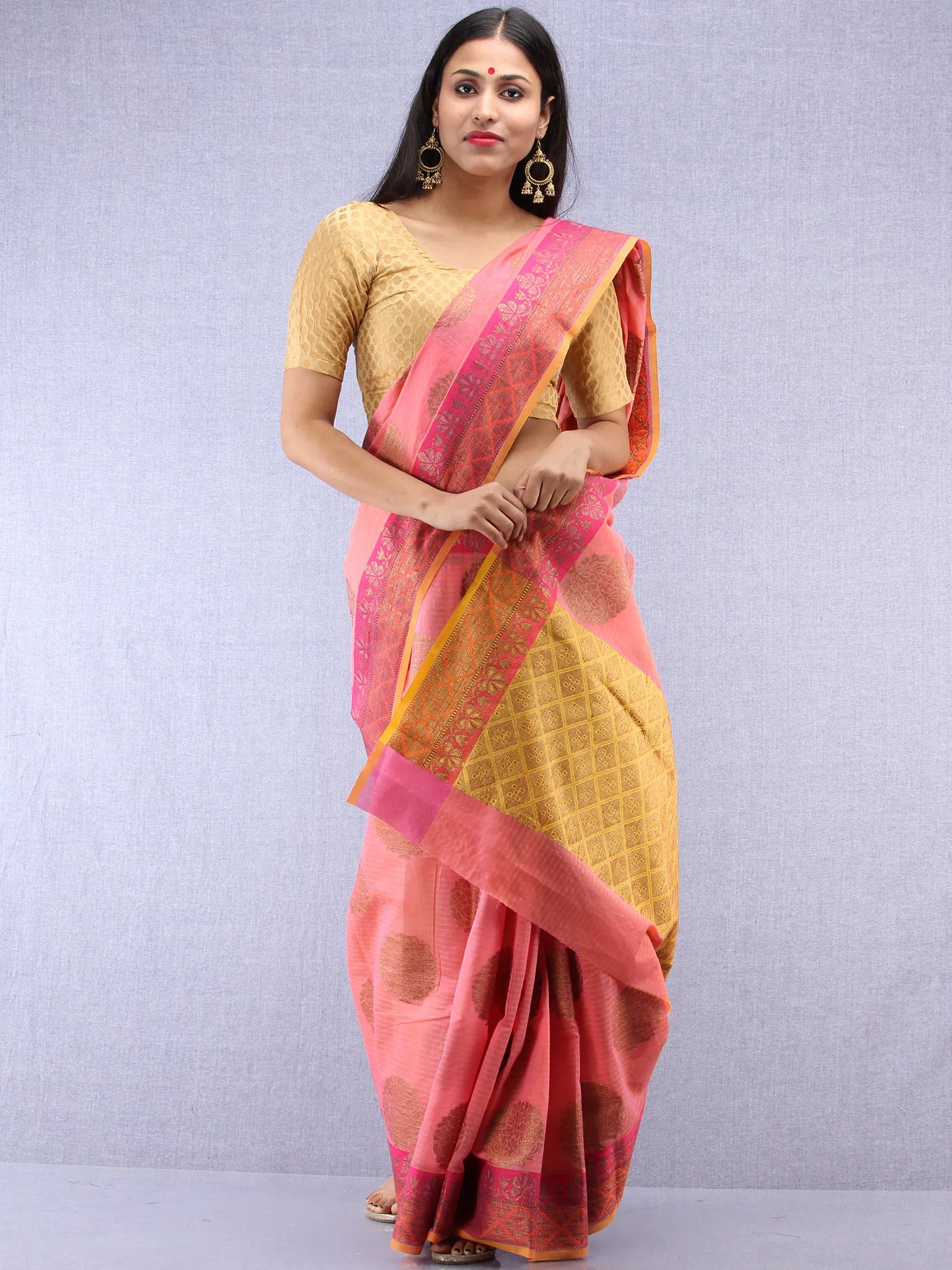 Banarasee Cotton Silk Saree With Zari Work - Pink Yellow & Gold - S031704421