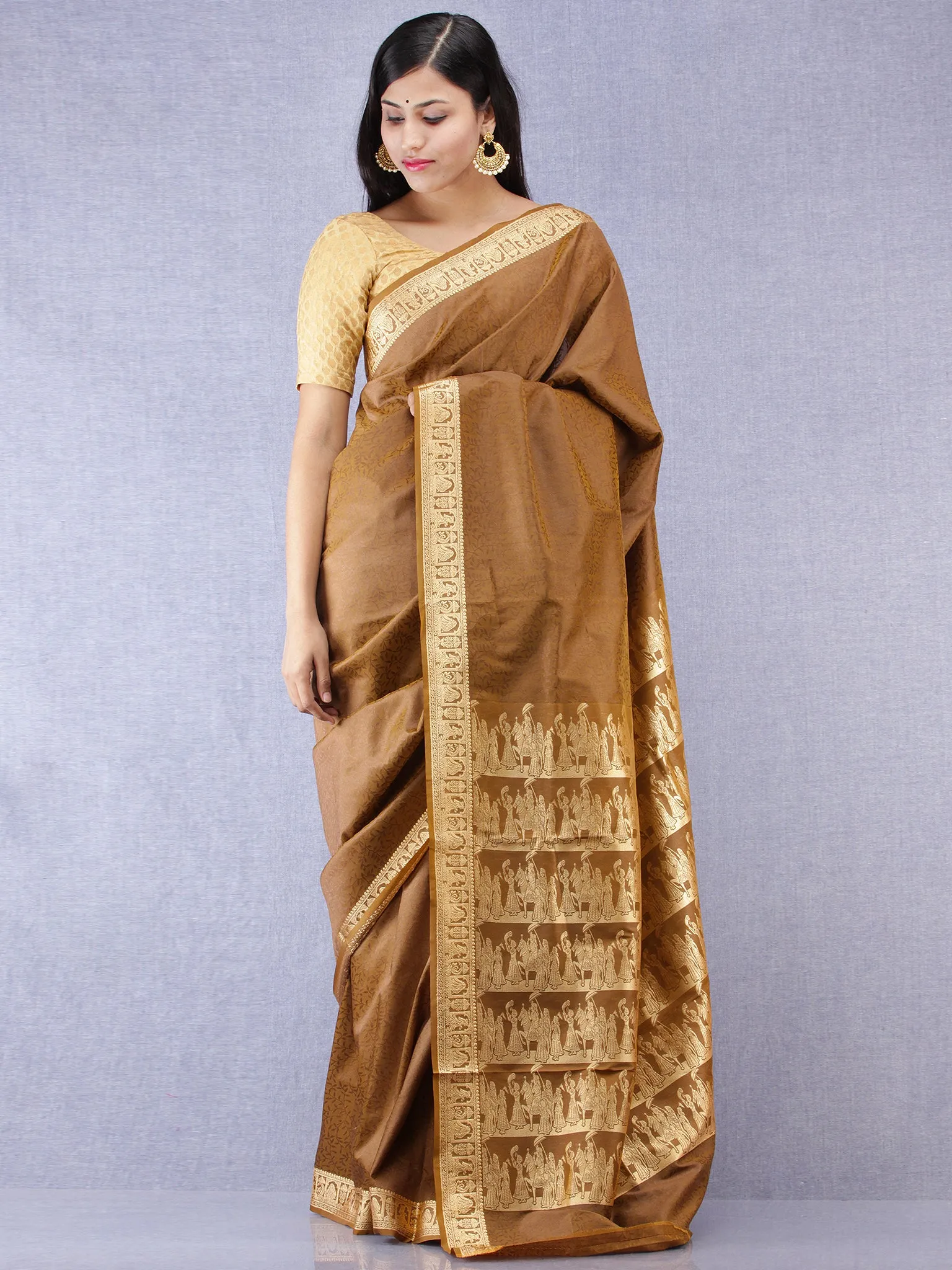 Banarasee Semi Silk Self Weave Saree With Resham Border - Peanut Brown Golden  - S031704316