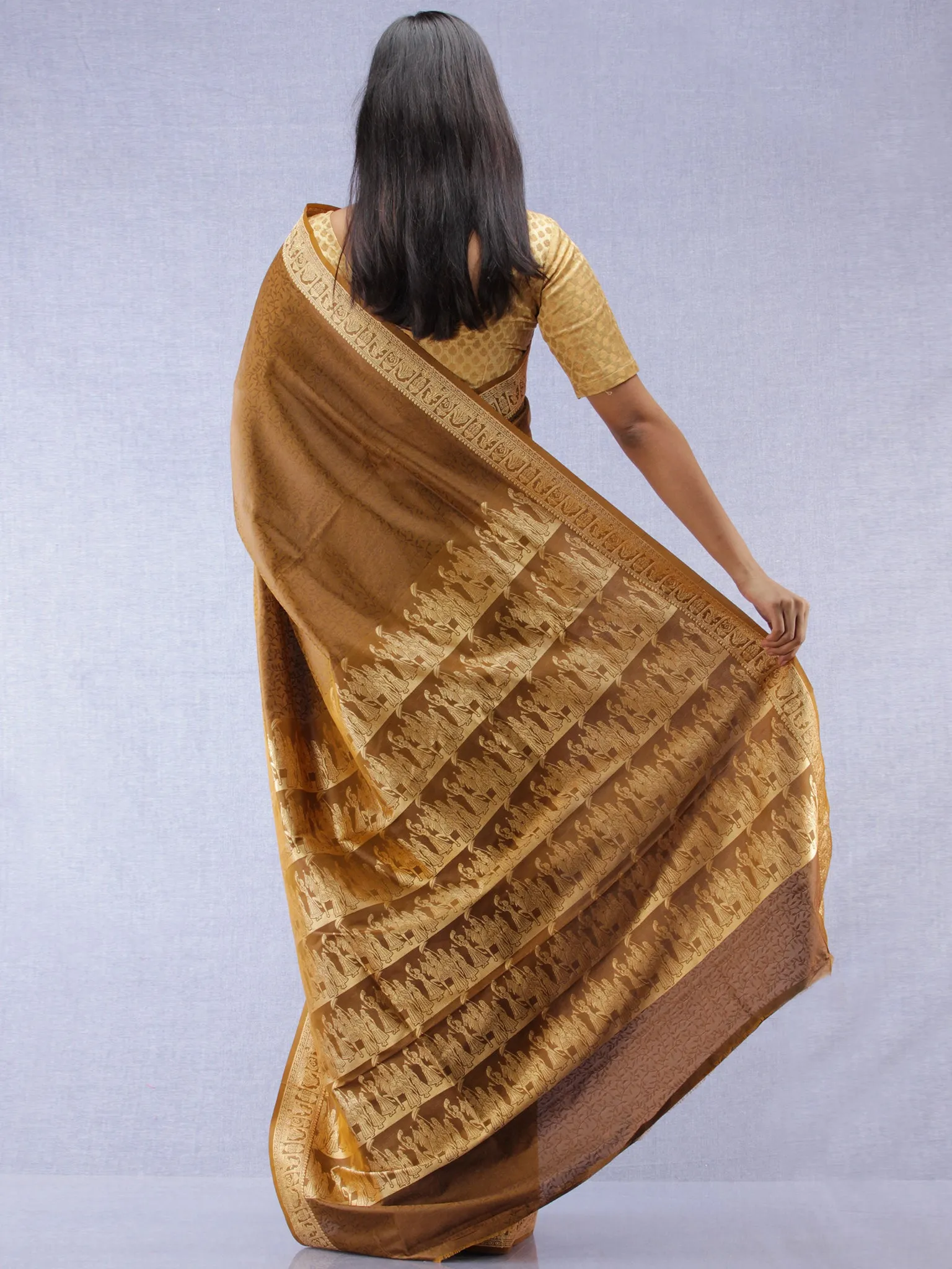 Banarasee Semi Silk Self Weave Saree With Resham Border - Peanut Brown Golden  - S031704316