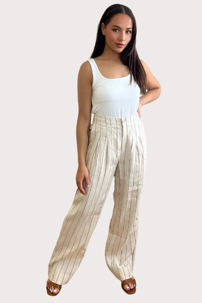 Beige Pinstripe Linen Smart Trousers