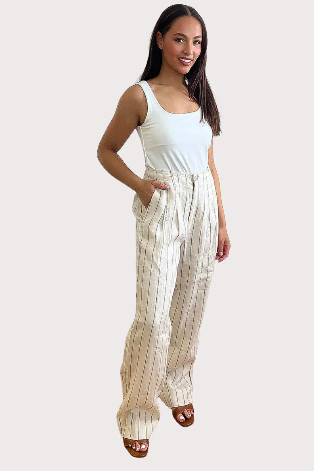 Beige Pinstripe Linen Smart Trousers