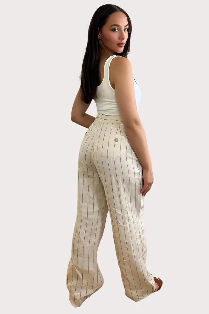 Beige Pinstripe Linen Smart Trousers