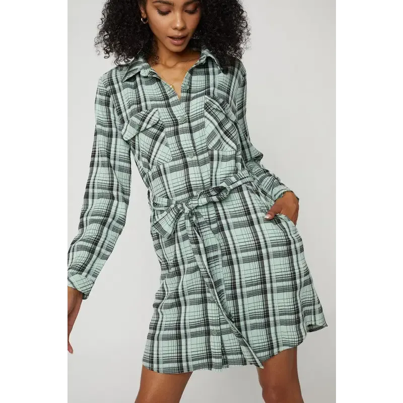 BELTED PLAID SHIRT DRESS