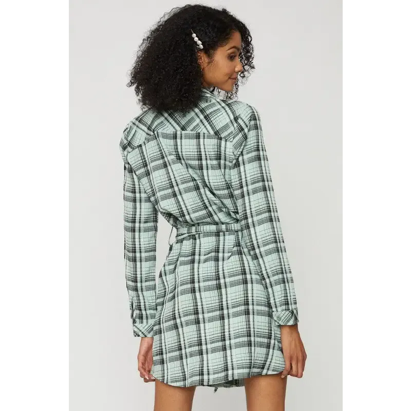 BELTED PLAID SHIRT DRESS