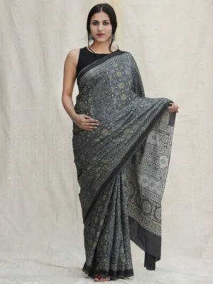 Black Indigo Olive Green Ajrakh Hand Block Printed Modal Silk Saree - S031704129