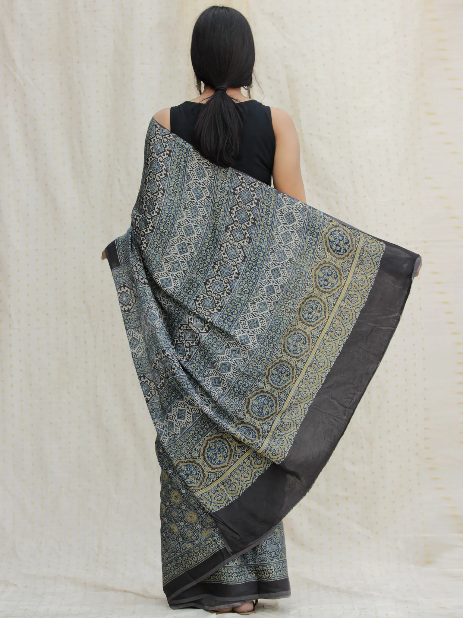 Black Indigo Olive Green Ajrakh Hand Block Printed Modal Silk Saree - S031704129