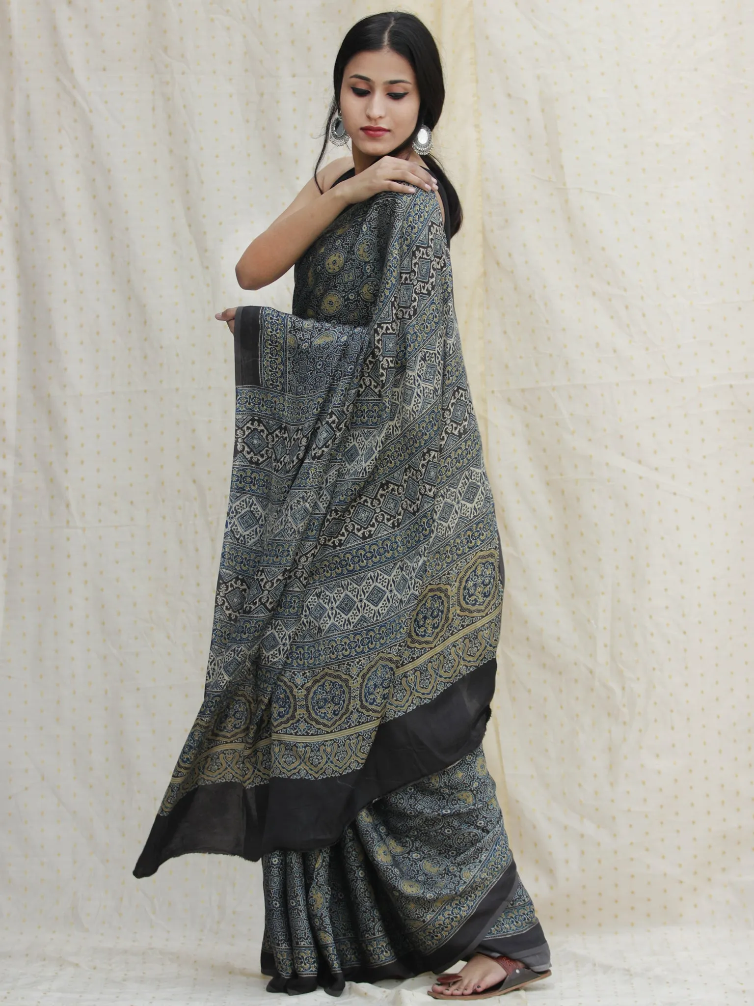 Black Indigo Olive Green Ajrakh Hand Block Printed Modal Silk Saree - S031704129